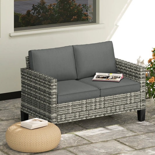 2 Seater Rattan Outdoor Sofa with Cushions, Dark Grey Patio Furniture Sets Light Grey Rattan, Dark Grey Cushion at Gallery Canada
