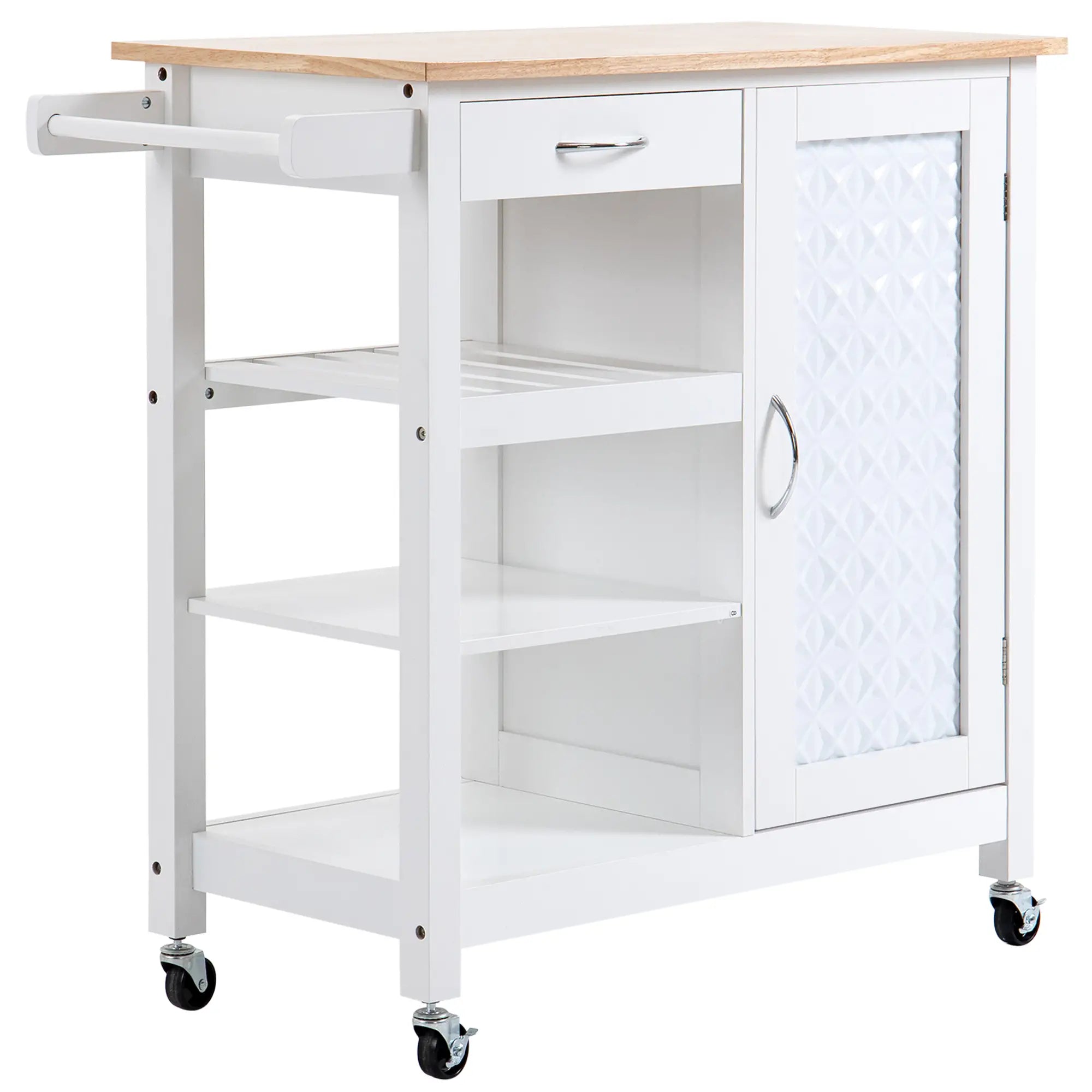 Kitchen Cart on Wheels, Embossed Door Panel, Storage Drawer, White Kitchen Islands & Kitchen Carts at Gallery Canada