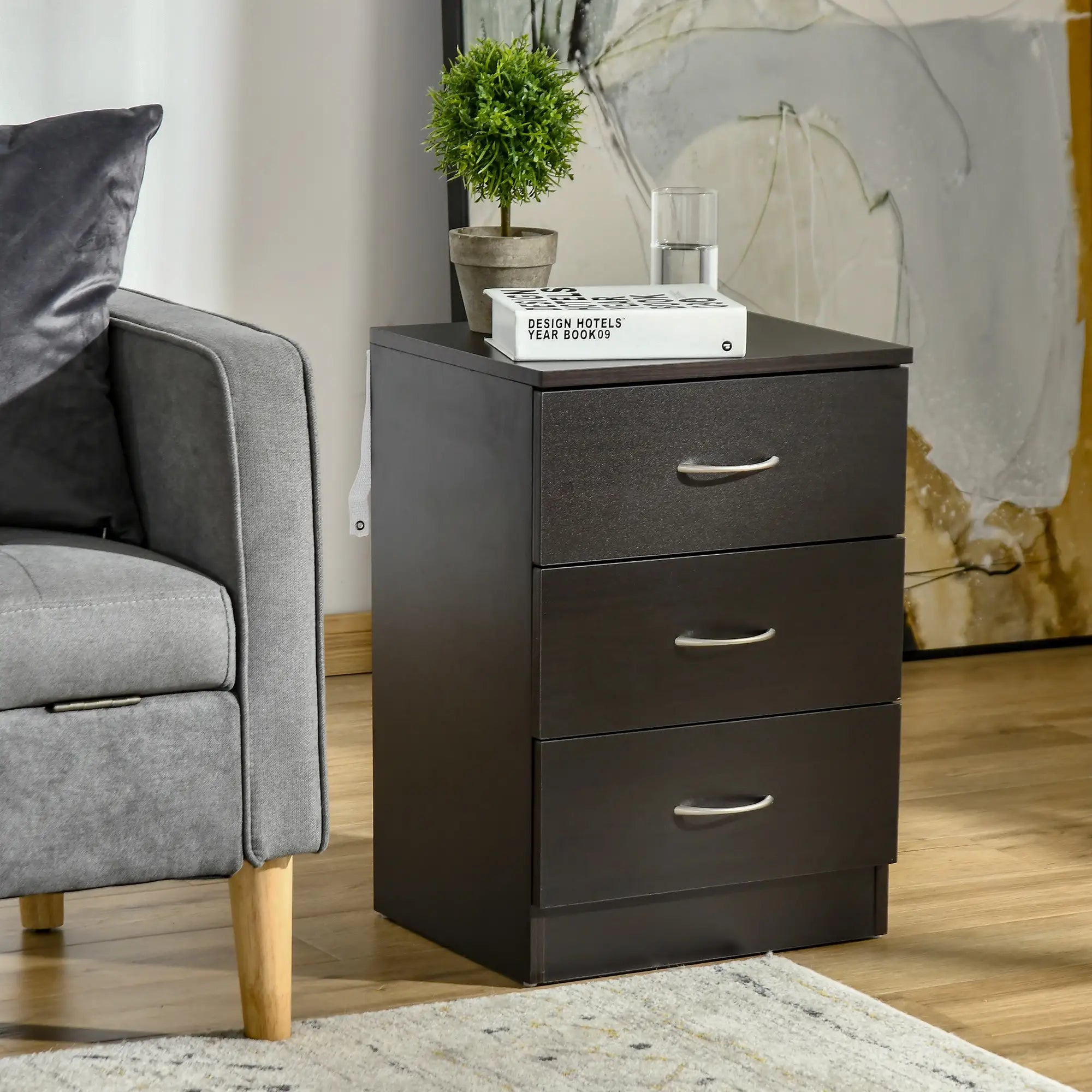 Modern Night Stand, 3 Drawers, Metal Rail, Dark Brown Bedside Tables at Gallery Canada