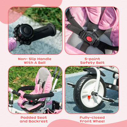 6 in 1 Toddler Tricycle Stroller with Basket, Canopy, 5-point Safety Harness, for 12-60 Months, Pink Tricycles for Kids at Gallery Canada