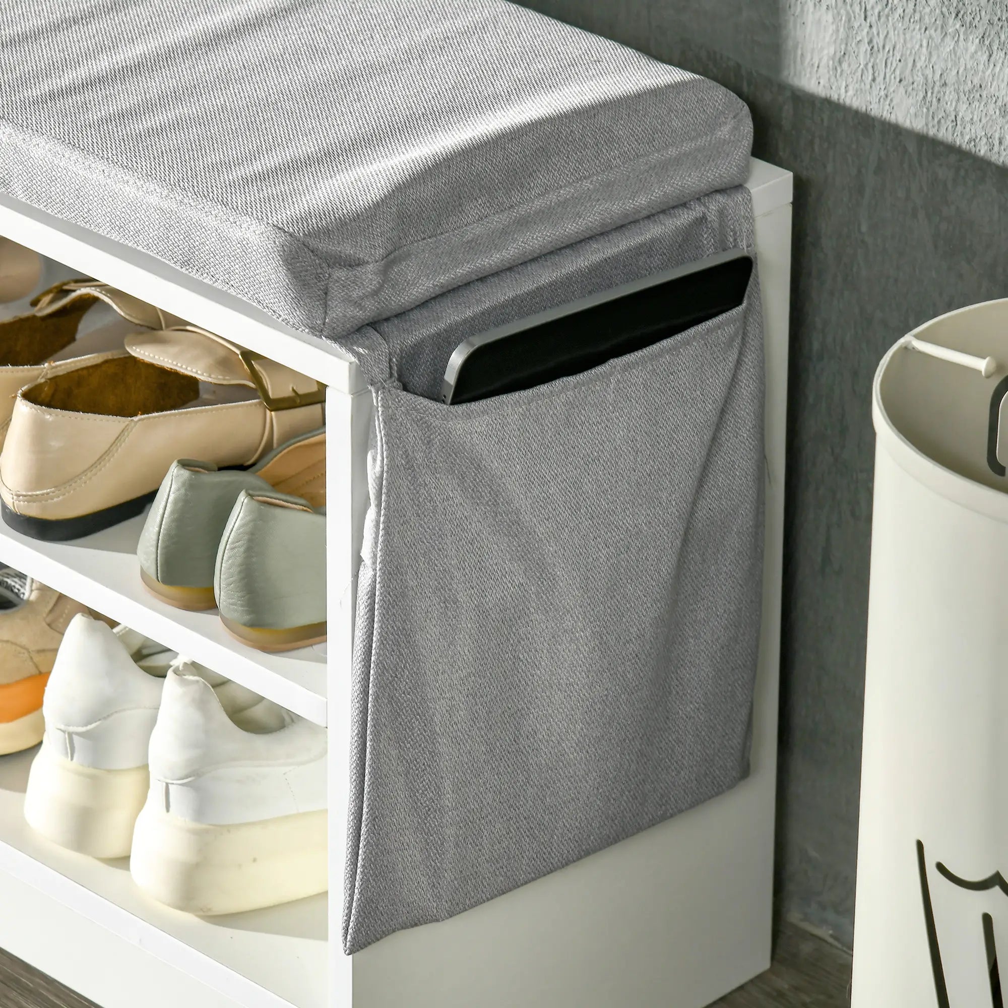 Upholstered Shoe Storage Bench With Seat, Drawer, Open Shelves, White Shoe Storage Cabinets & Racks at Gallery Canada