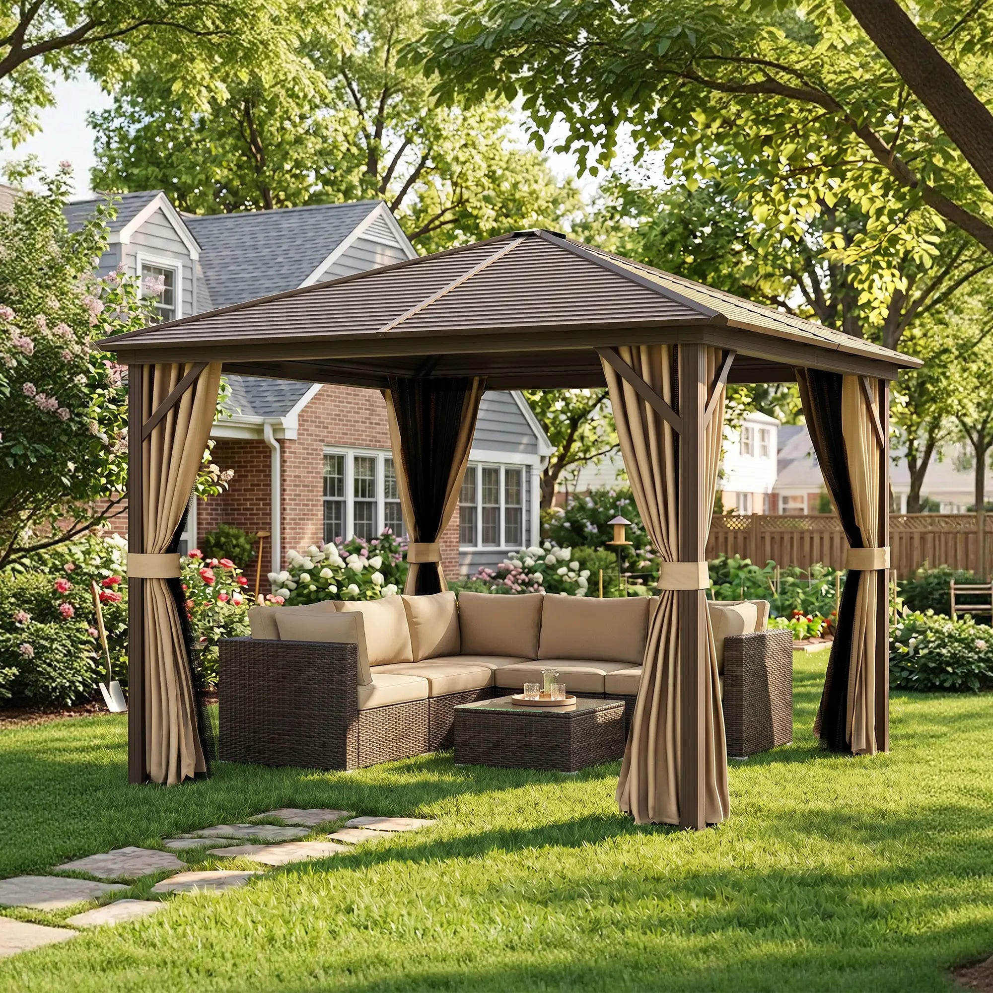 10' x 10' Hardtop Gazebo, Aluminum Canopy, Mosquito Netting, Curtains, Hanging Hook, Brown Gazebos at Gallery Canada