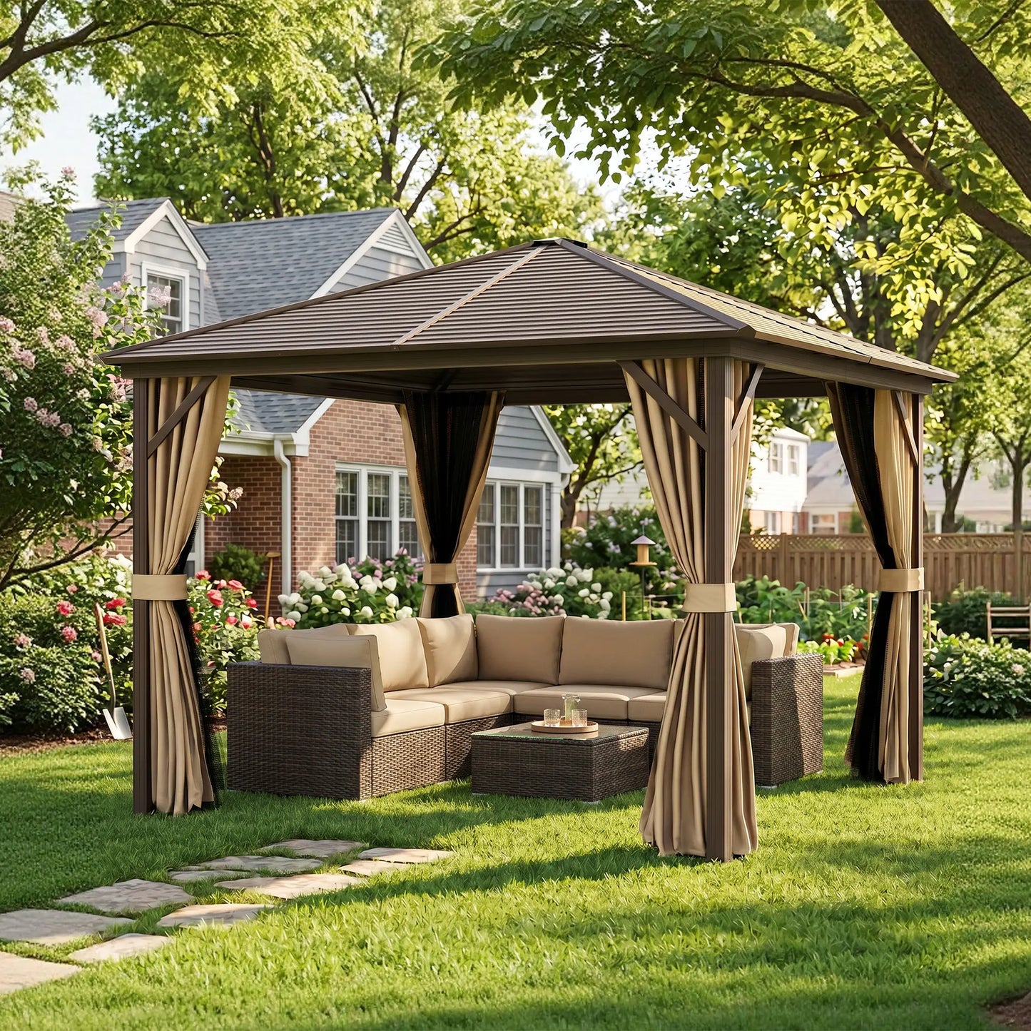 10' x 10' Hardtop Gazebo, Aluminum Canopy, Mosquito Netting, Curtains, Hanging Hook, Brown Gazebos at Gallery Canada