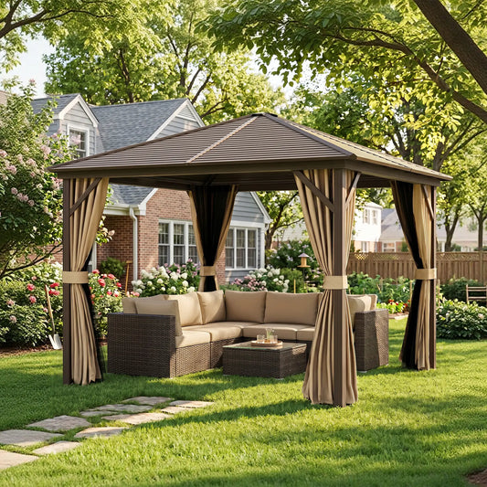 10' x 10' Hardtop Gazebo, Aluminum Canopy, Mosquito Netting, Curtains, Hanging Hook, Brown Gazebos Brown at Gallery Canada