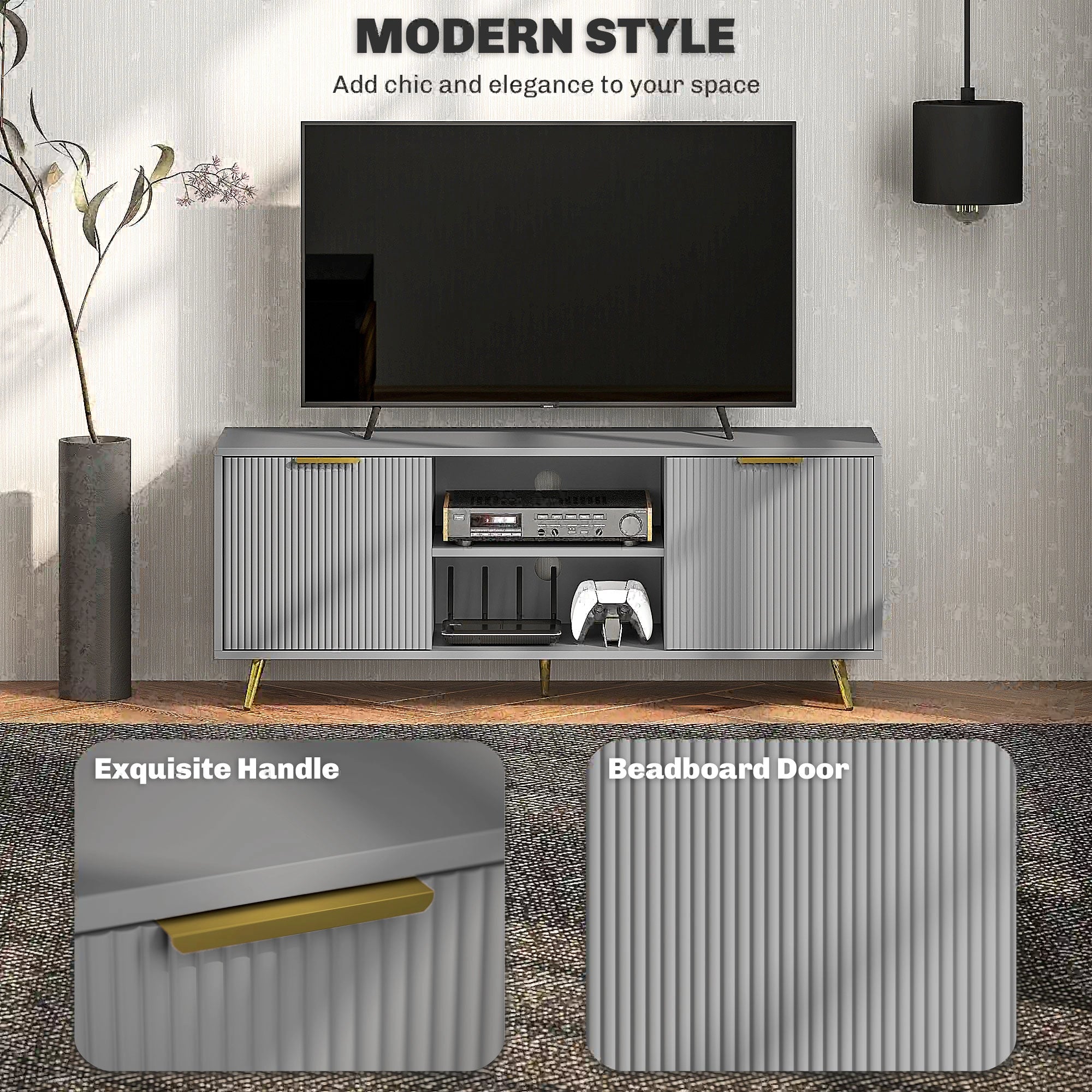 TV Stand for 55 Inch TV, 2 Open Shelves, 2 Cabinets, Grey TV Stands at Gallery Canada