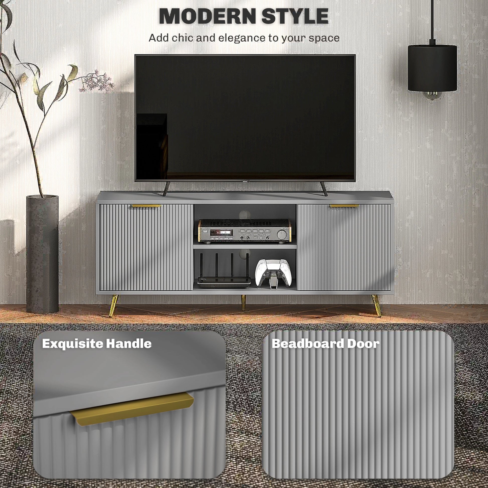 TV Stand for 55 Inch TV, 2 Open Shelves, 2 Cabinets, Grey TV Stands at Gallery Canada