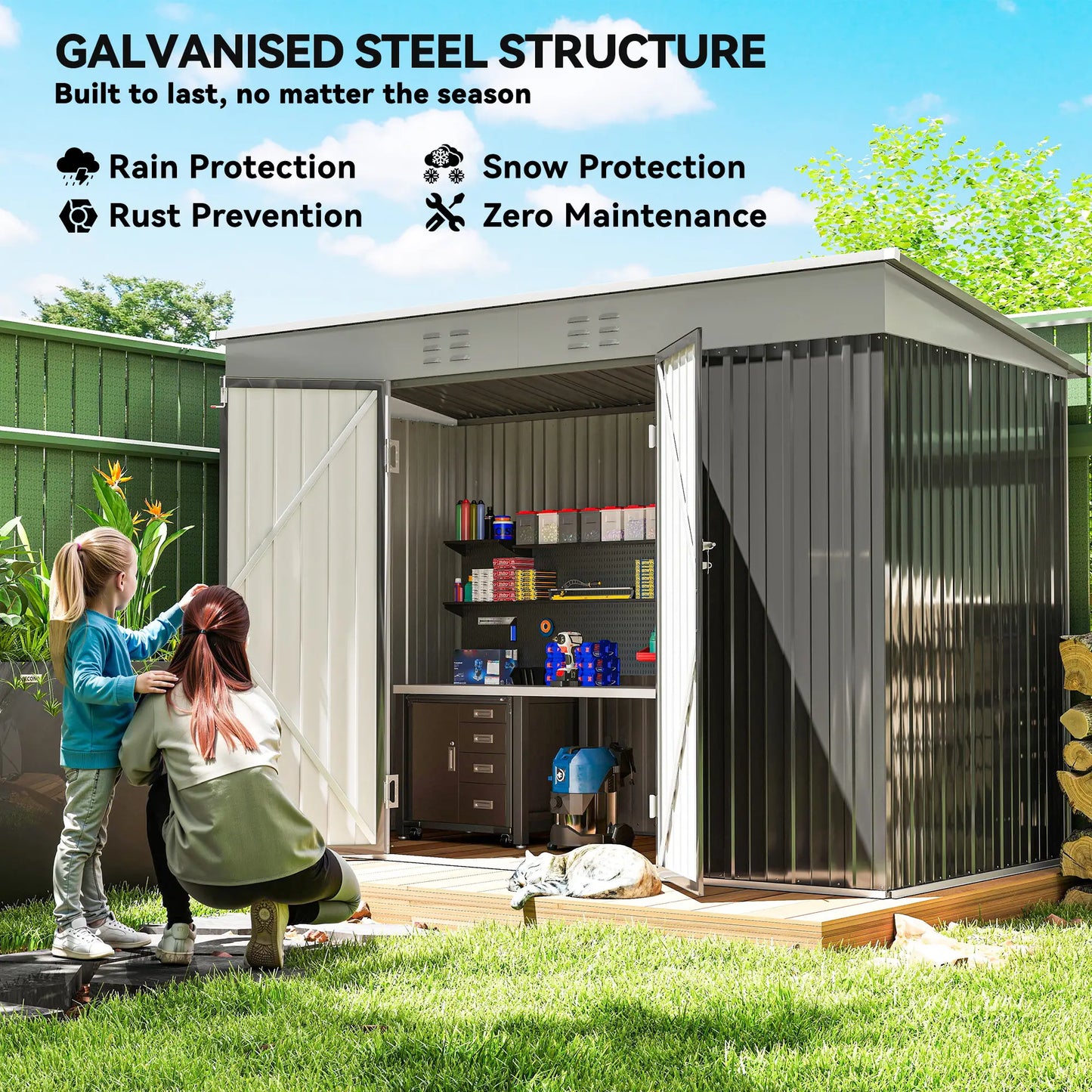 9' x 4' Galvanized Steel Garden Storage Shed, Lockable Doors, 2 Air Vents