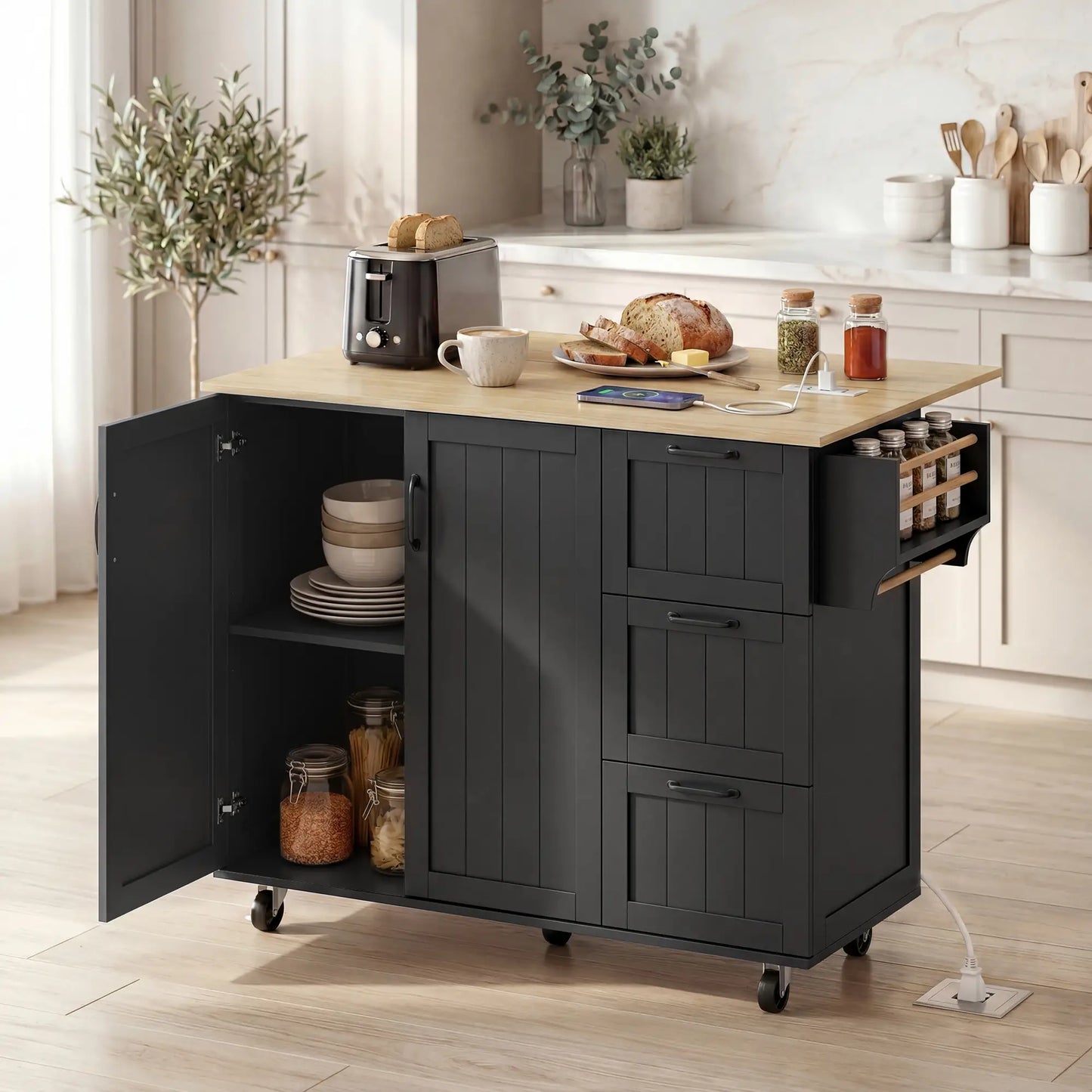 Kitchen Island with Drop Leaf, Rolling Cart, Power Outlet, Black Kitchen Islands & Kitchen Carts at Gallery Canada