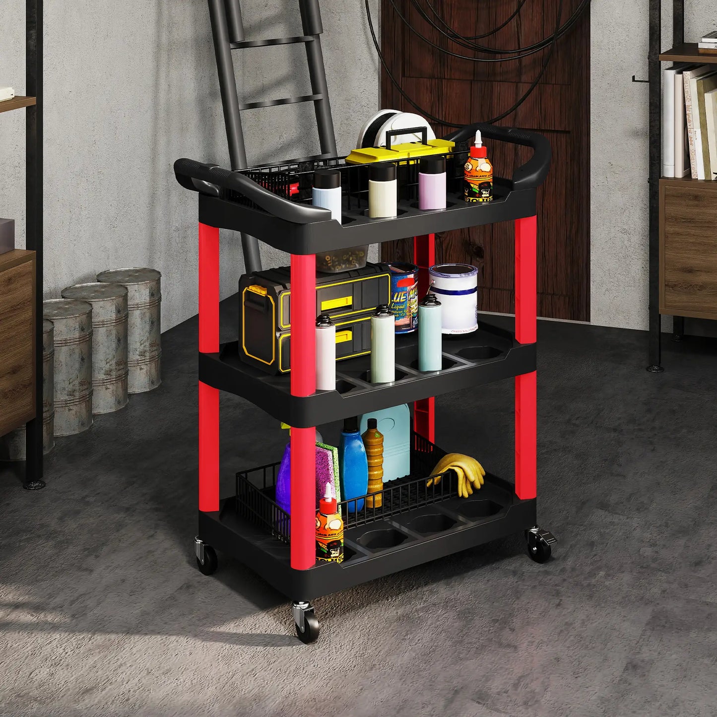 3-Tier Rolling Tool Cart, 200 LBS Capacity, Black & Red Tool Organizers at Gallery Canada