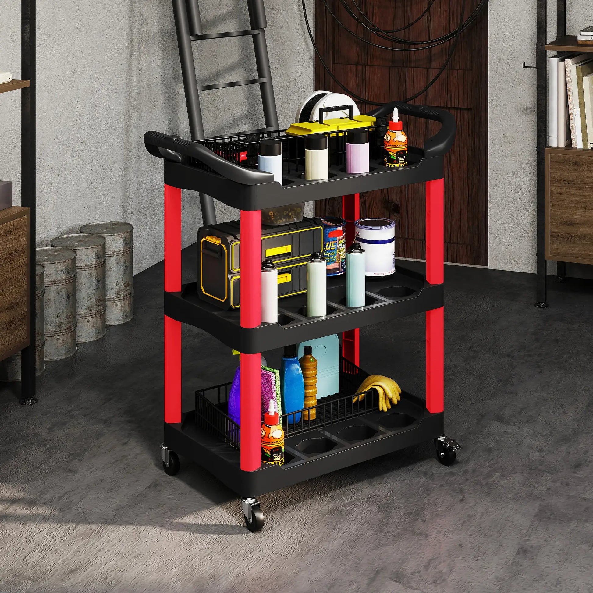 3-Tier Rolling Tool Cart, 200 LBS Capacity, Black & Red Tool Organizers at Gallery Canada