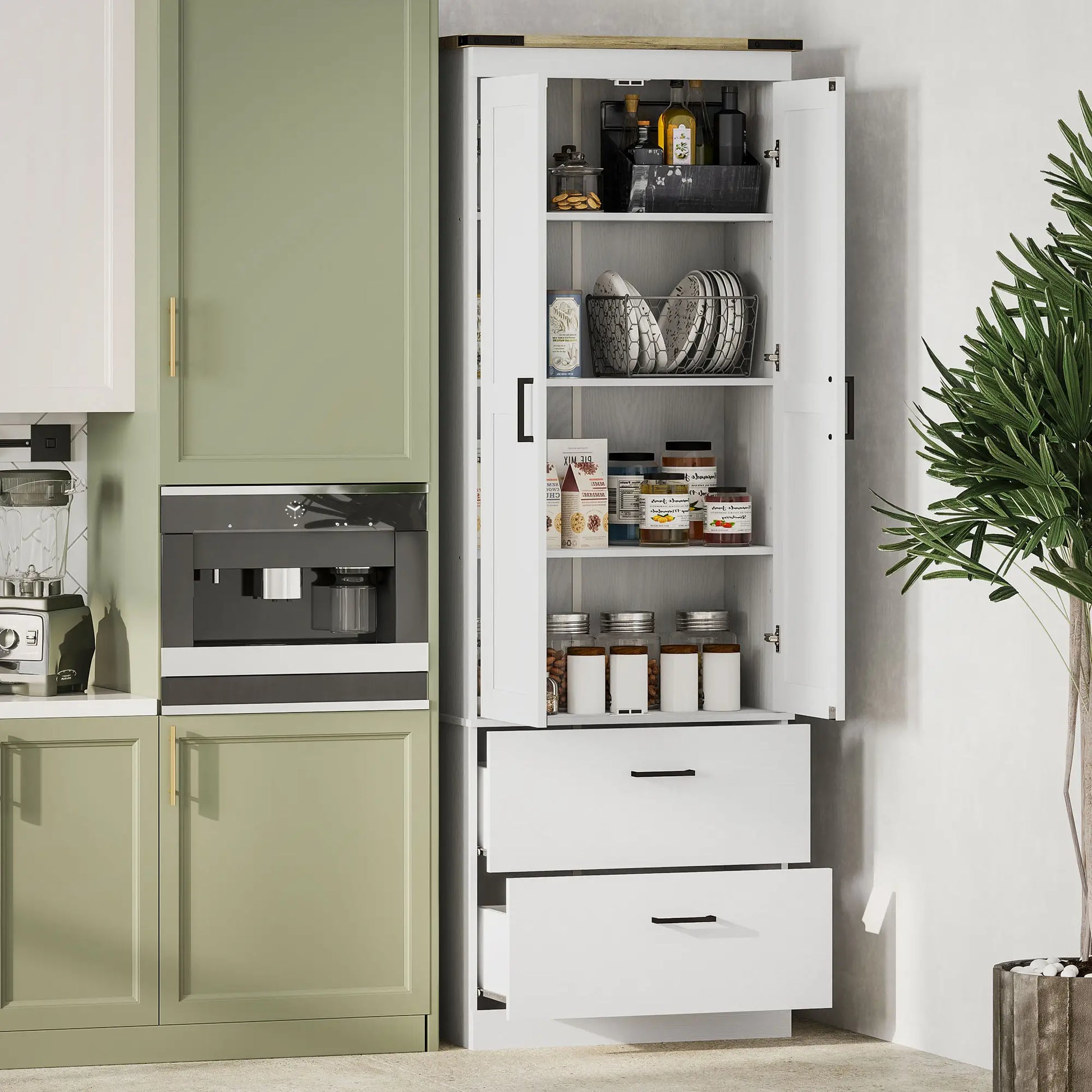 67" Tall Kitchen Pantry Cabinet, Doors, Drawers, Adjustable Shelves, Cream White Kitchen Pantry Cabinets at Gallery Canada