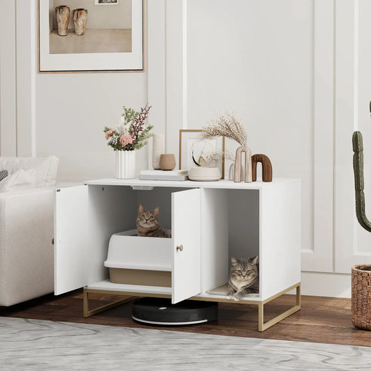 Cat Litter Box Enclosure, Tall Legs, Litter Mat, 31.5" x 20" x 22", White Cat Litter Box Enclosures White, Gold at Gallery Canada