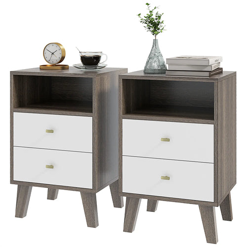 Modern Nightstand Set of 2, 3 Drawers, Open Storage, Grey