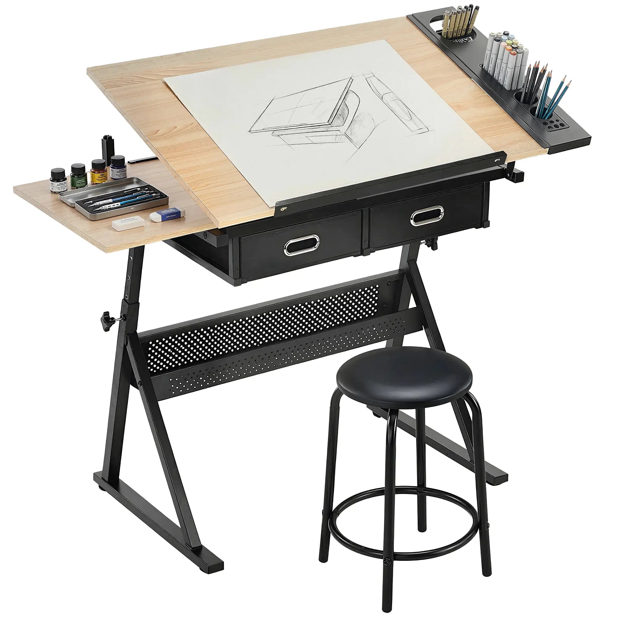 Adjustable Drafting Table, Art Desk With Stool And Storage Drawers, Oak Writing Desks at Gallery Canada