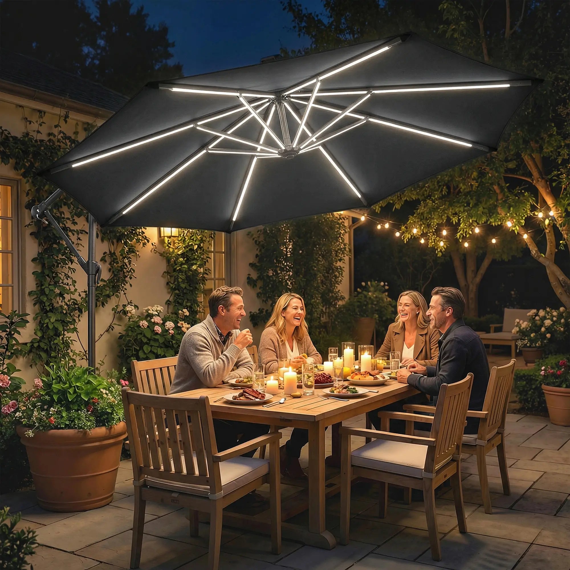 10 ft Offset Patio Umbrella With Solar Light, 360° Rotation, Tilt, Cover, Black Offset Cantilever Umbrellas at Gallery Canada