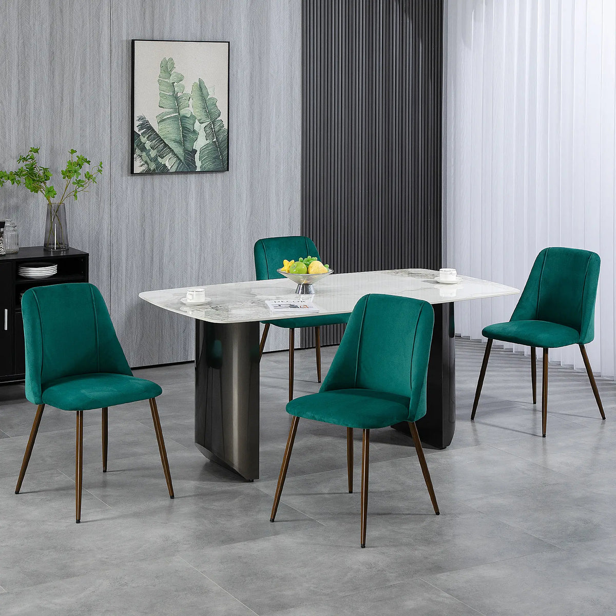 Upholstered Dining Chairs Set of 4, Velvet, Wood-Grain Steel Leg, Green
