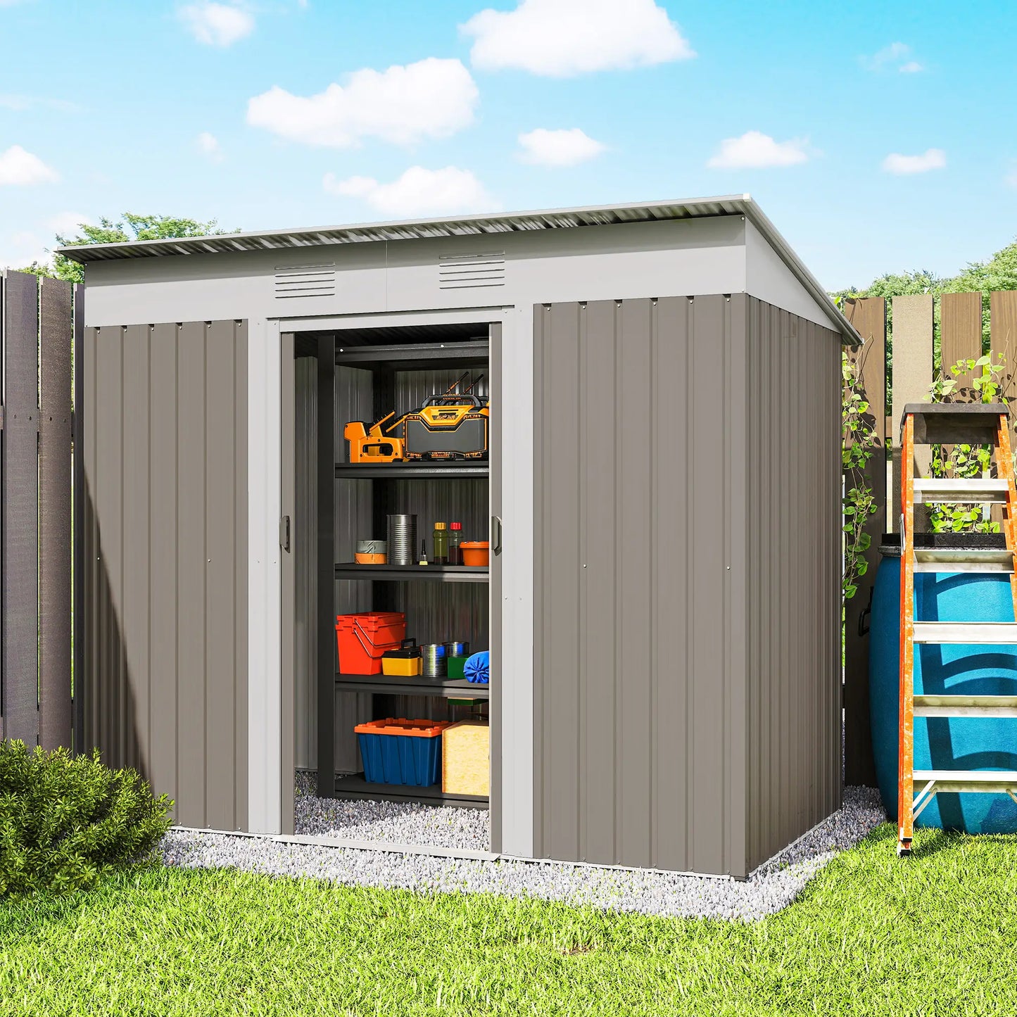 7' x 4' Outdoor Storage Shed, Metal Garden Tool Organizer, Light Grey Sheds at Gallery Canada