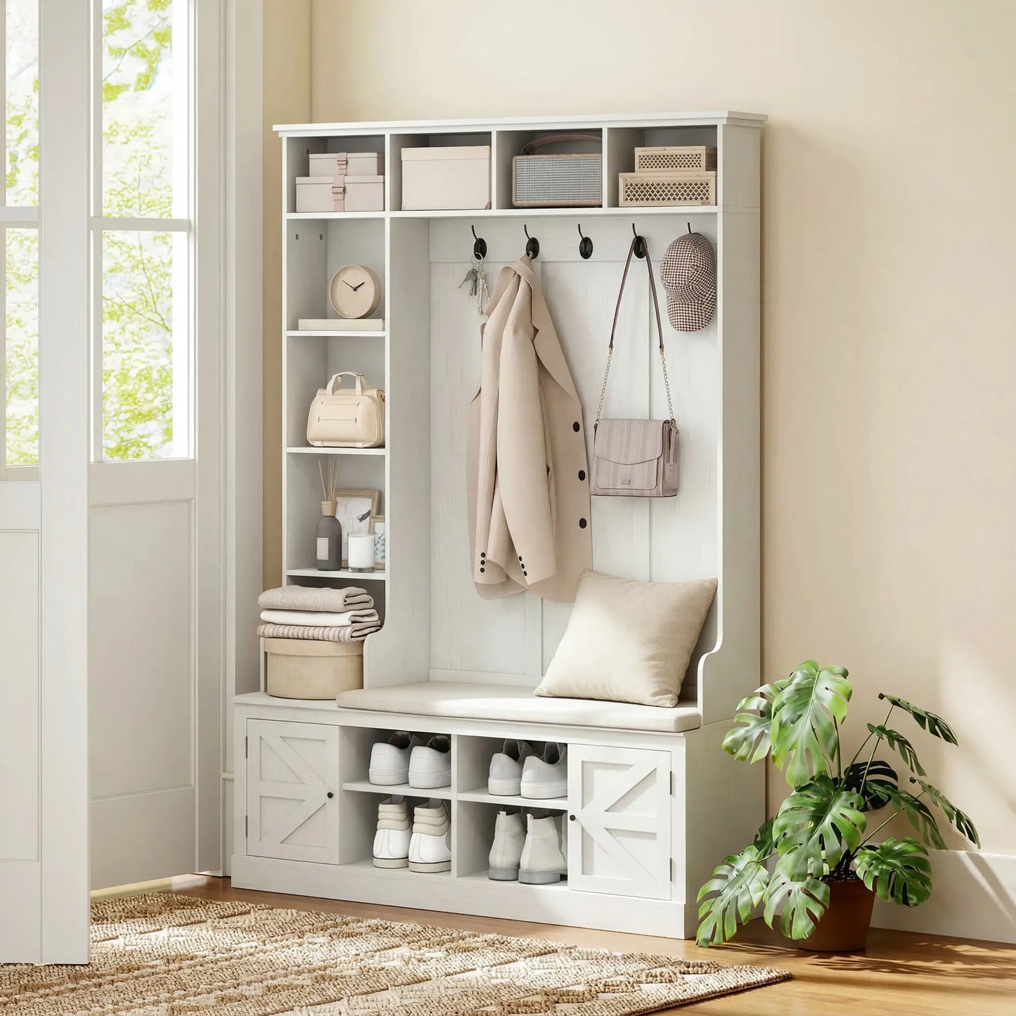 Hall Tree Bench With Shoe Storage, 12 Shelves, 2 Cabinets, 5 Hooks, White Clothing Storage at Gallery Canada