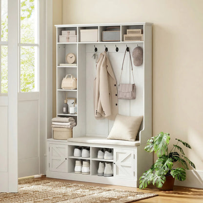 Hall Tree Bench With Shoe Storage, 12 Shelves, 2 Cabinets, 5 Hooks, White Clothing Storage at Gallery Canada