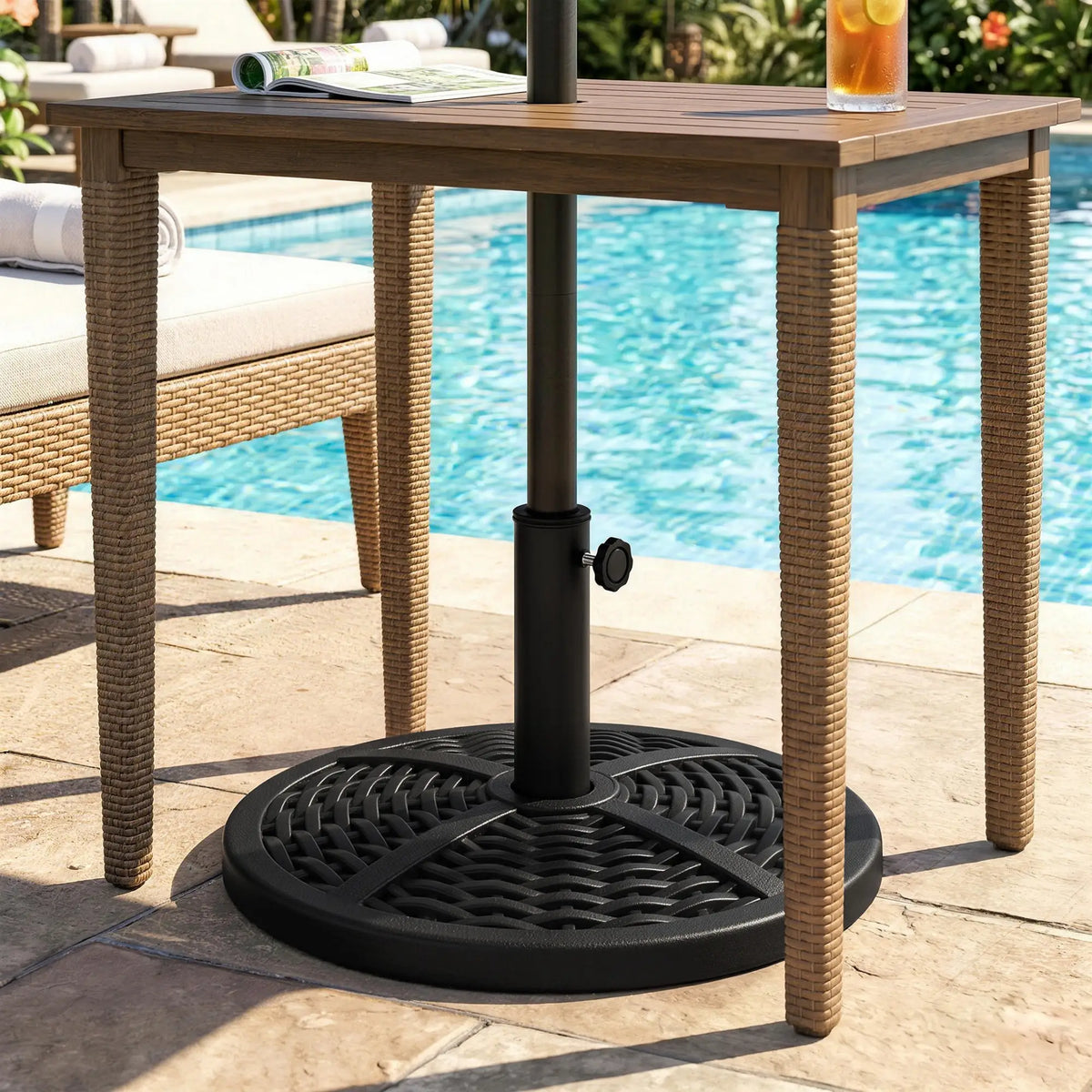 18" Heavy Duty Round Market Umbrella Base, Rattan Design, Black Umbrella Bases at Gallery Canada
