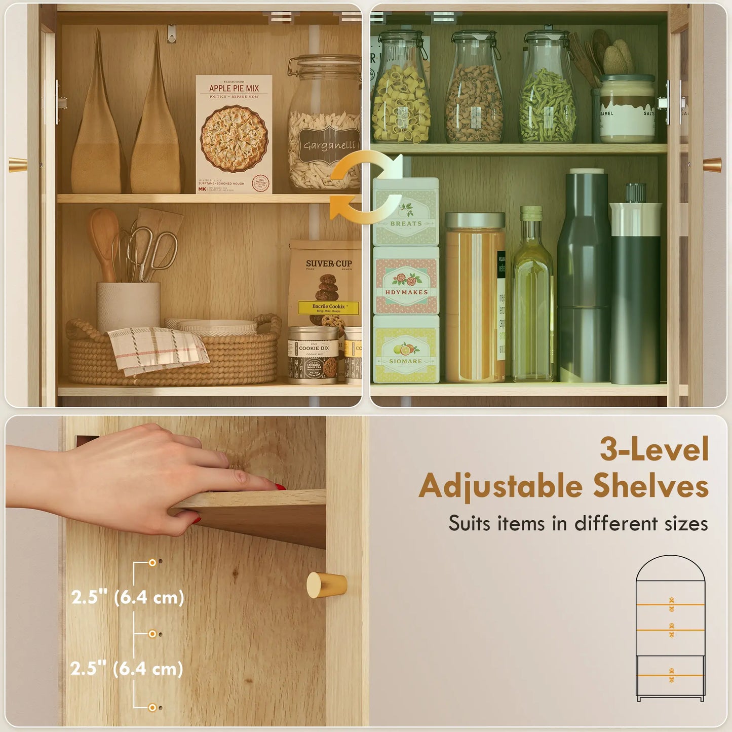 71" Tall Arched Kitchen Pantry Cabinet, Adjustable Shelves, Acrylic Doors, Oak Kitchen Pantry Cabinets at Gallery Canada