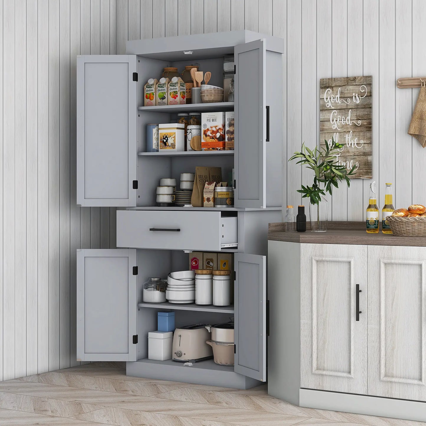 72" Kitchen Storage Cabinet, Farmhouse Pantry, 4 Barn Doors, Drawer, Adjustable Shelves, Grey Kitchen Pantry Cabinets at Gallery Canada