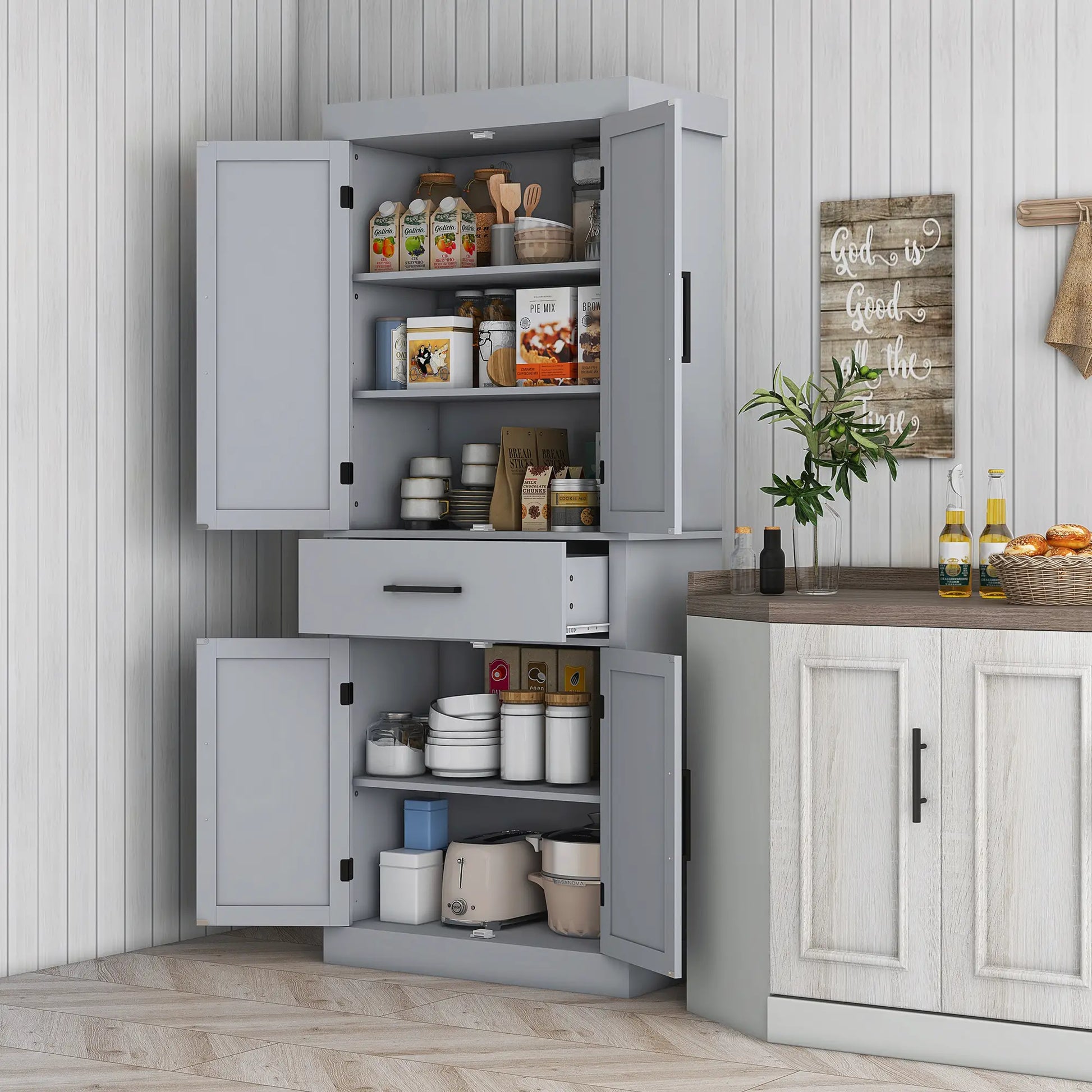 72" Kitchen Storage Cabinet, Farmhouse Pantry, 4 Barn Doors, Drawer, Adjustable Shelves, Grey Kitchen Pantry Cabinets at Gallery Canada