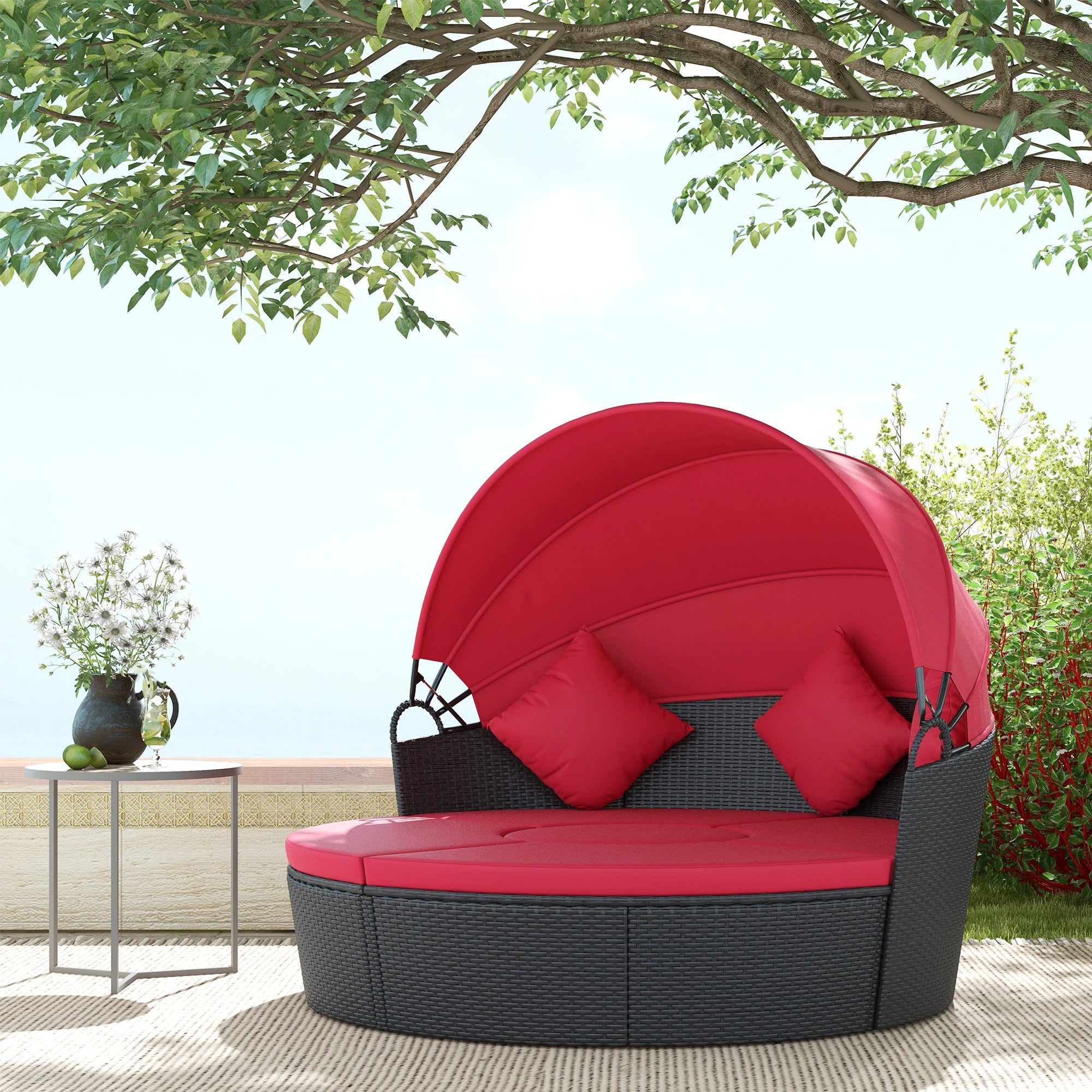 4-Piece Round Sofa Bed, Outdoor Daybed with Canopy, PE Rattan Wicker Lounge Chair Daybeds at Gallery Canada