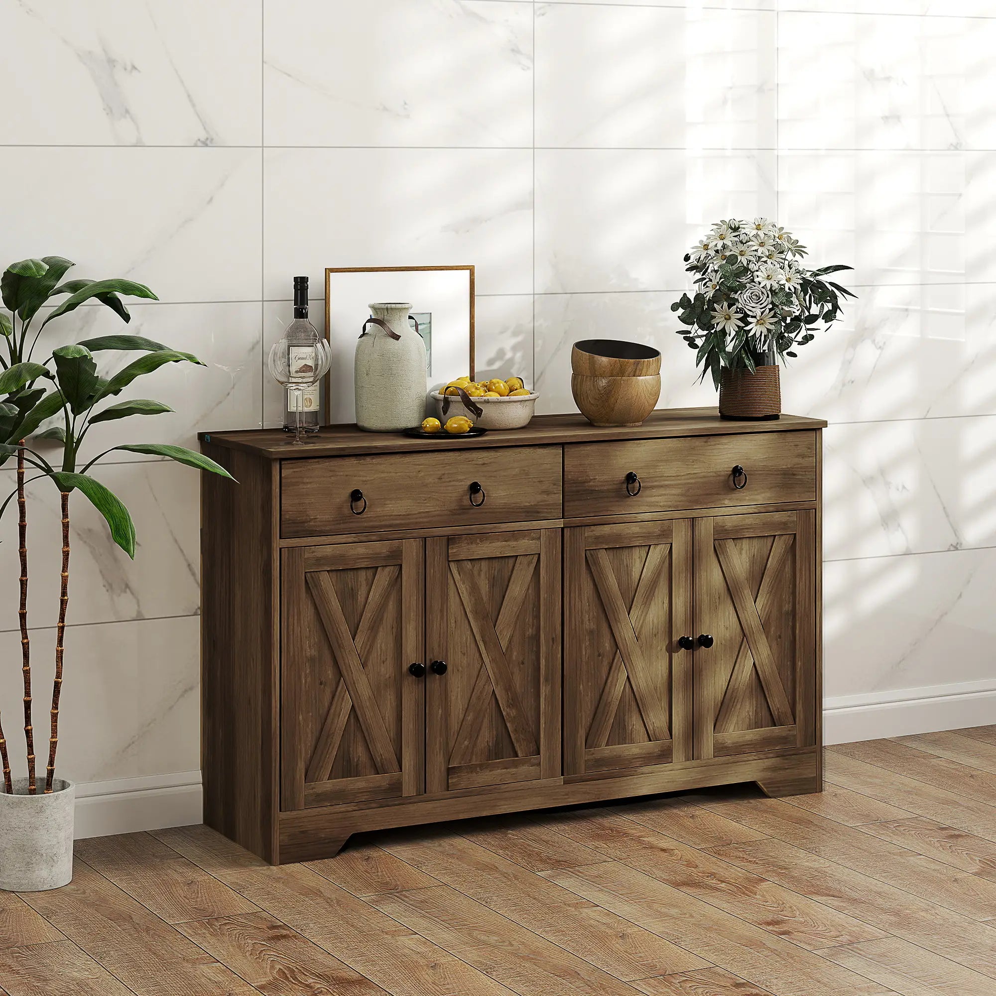 Sideboard Cabinet, 2 Drawers, 4 Barn Doors, 2 Adjustable Shelves, Light Brown Bar Cabinets at Gallery Canada