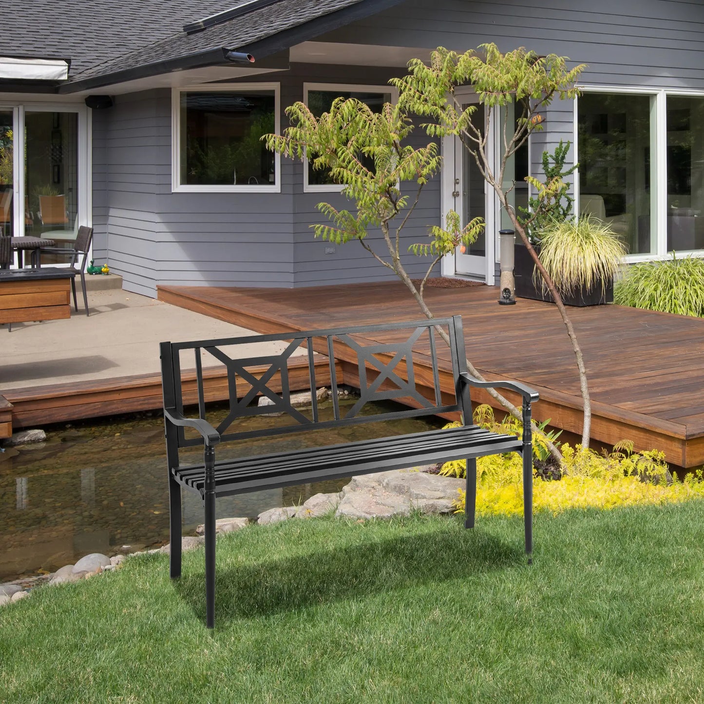 Steel Garden Bench, 2-Person Patio Loveseat, Black Outdoor Benches at Gallery Canada