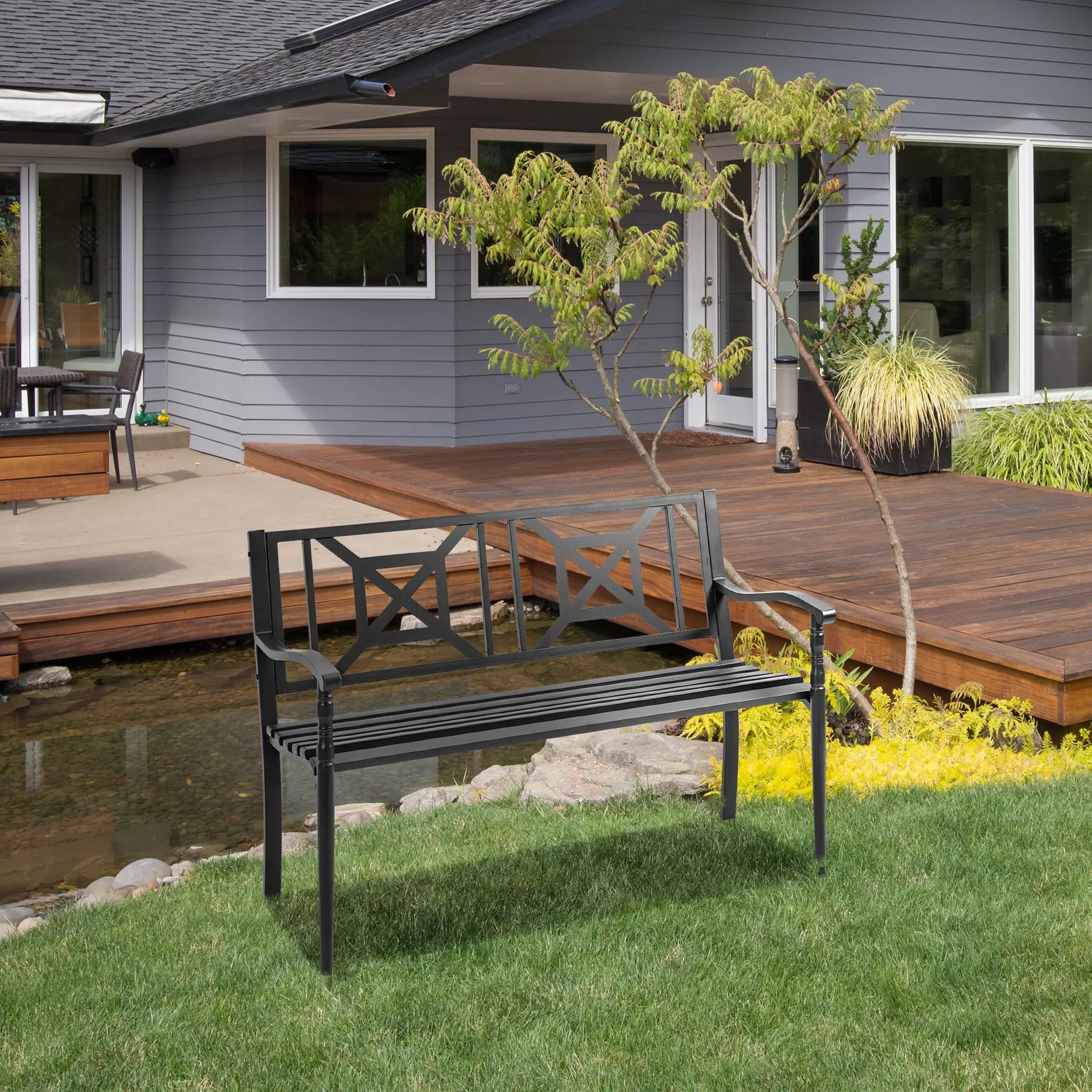 Steel Garden Bench, 2-Person Patio Loveseat, Black Outdoor Benches at Gallery Canada