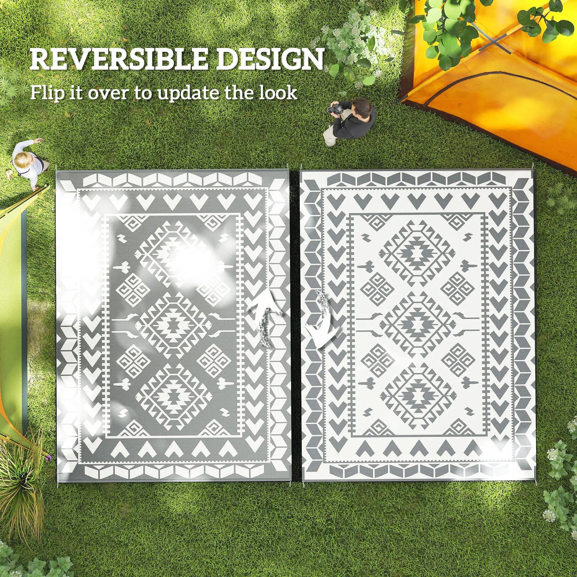 9' x 12' Outdoor RV Rug, Reversible Patio Mat, White and Grey Garden Decor at Gallery Canada