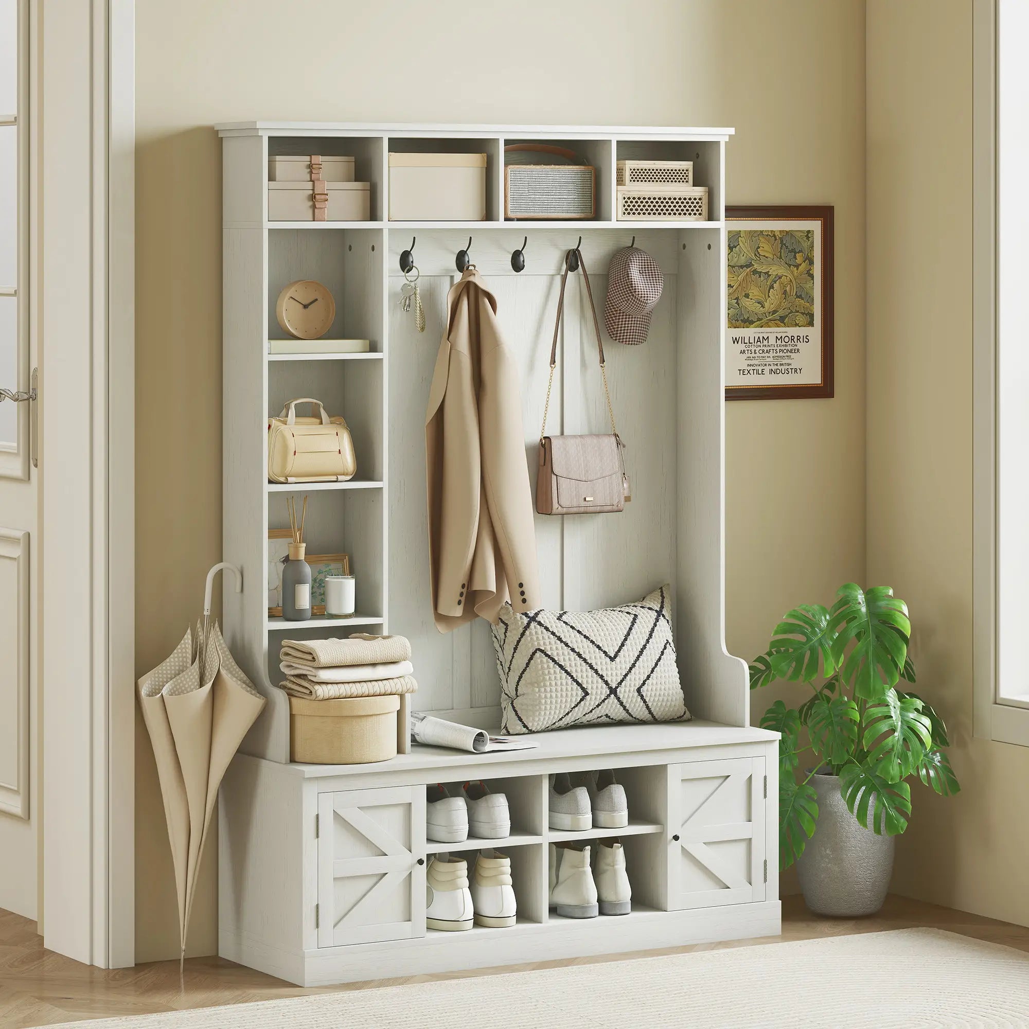 Hall Tree Bench With Shoe Storage, 12 Shelves, 2 Cabinets, 5 Hooks, White Clothing Storage at Gallery Canada
