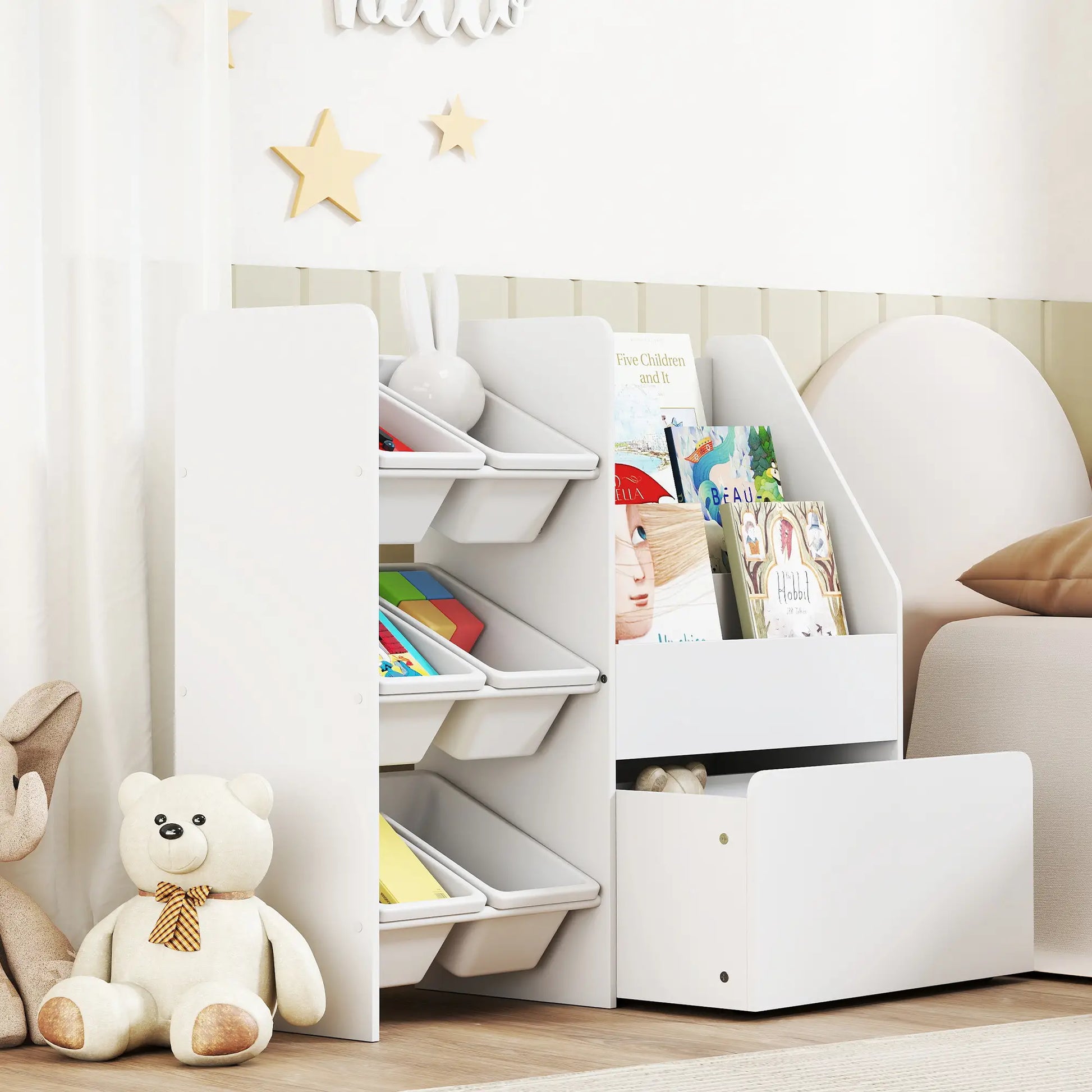 Kids Bookshelf Toy Storage, 3 Tier Bookcase 6 Removable Bins, White Baby & Kids Storage at Gallery Canada
