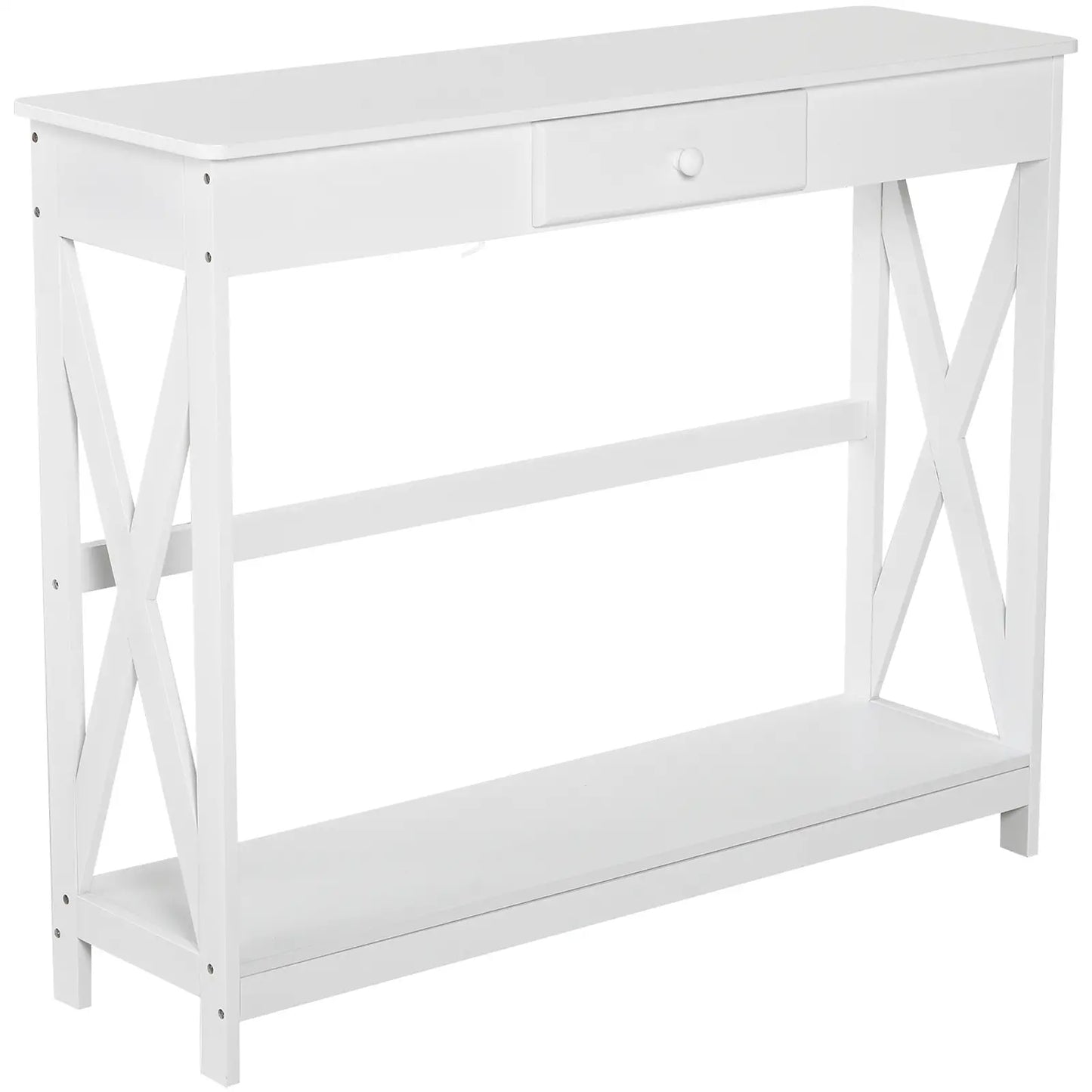 39" Console Table, 2 Tier X-Design, Narrow Entryway Table with Drawer, White Console Tables White at Gallery Canada
