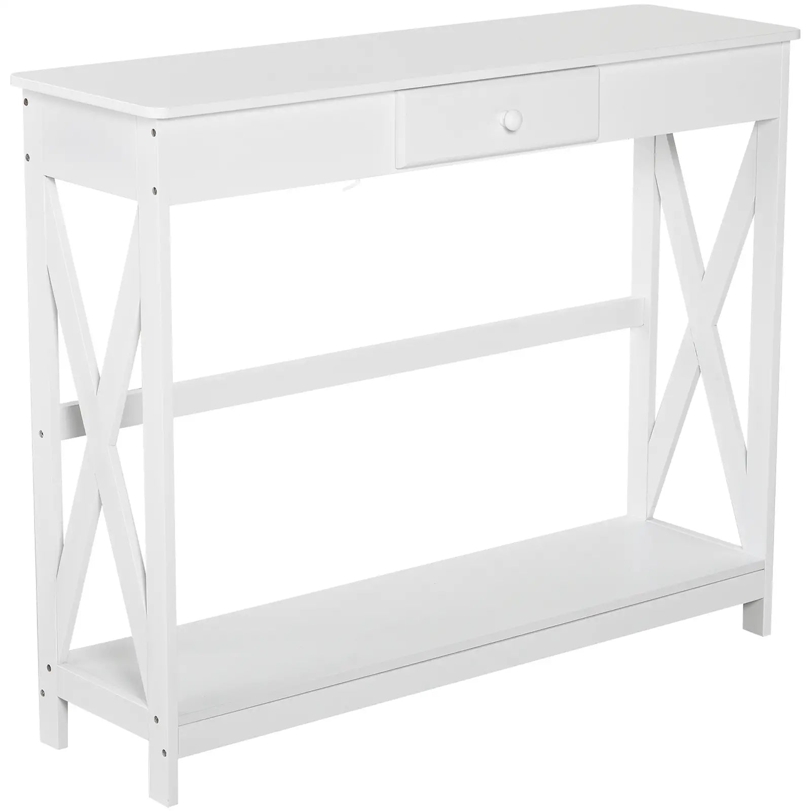 39" Console Table, 2 Tier X-Design, Narrow Entryway Table with Drawer, White Console Tables White at Gallery Canada