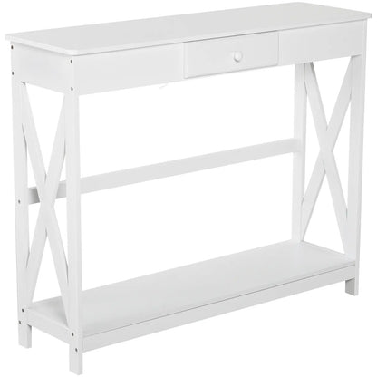 39" Console Table, 2 Tier X-Design, Narrow Entryway Table with Drawer, White Console Tables White at Gallery Canada