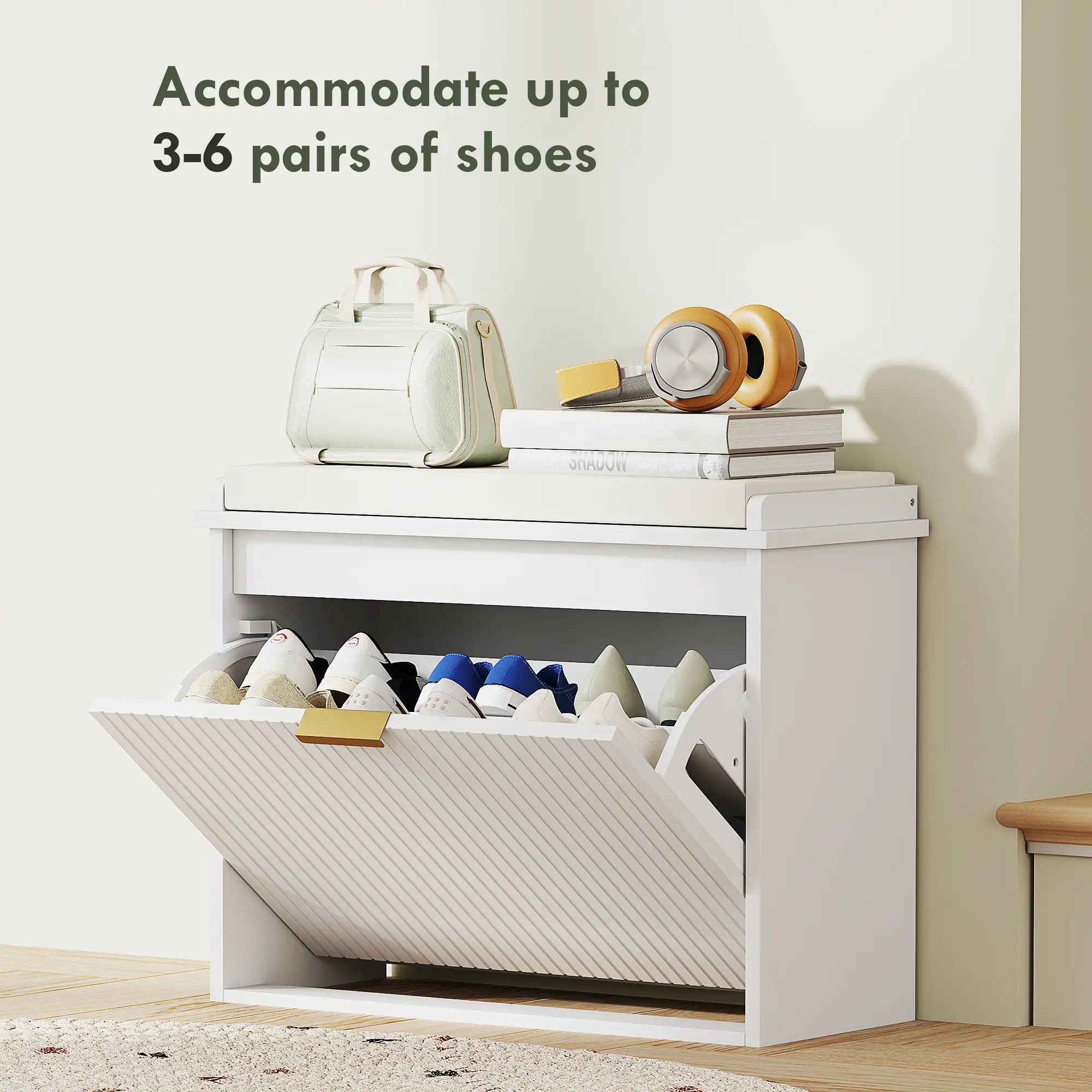 Entryway Bench with Padded Seat, Flip-Drawers, Holds 265lbs, Shoe Storage for 6 Pairs, White Shoe Storage Cabinets & Racks at Gallery Canada