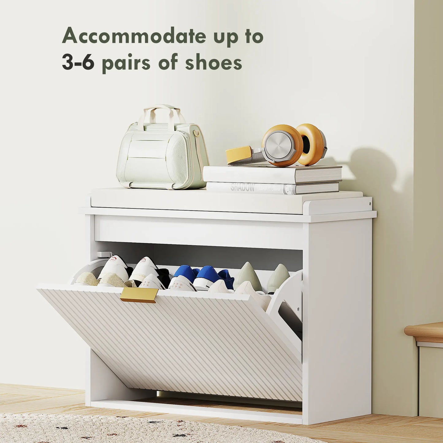 Entryway Bench with Padded Seat, Flip-Drawers, Holds 265lbs, Shoe Storage for 6 Pairs, White Shoe Storage Cabinets & Racks at Gallery Canada