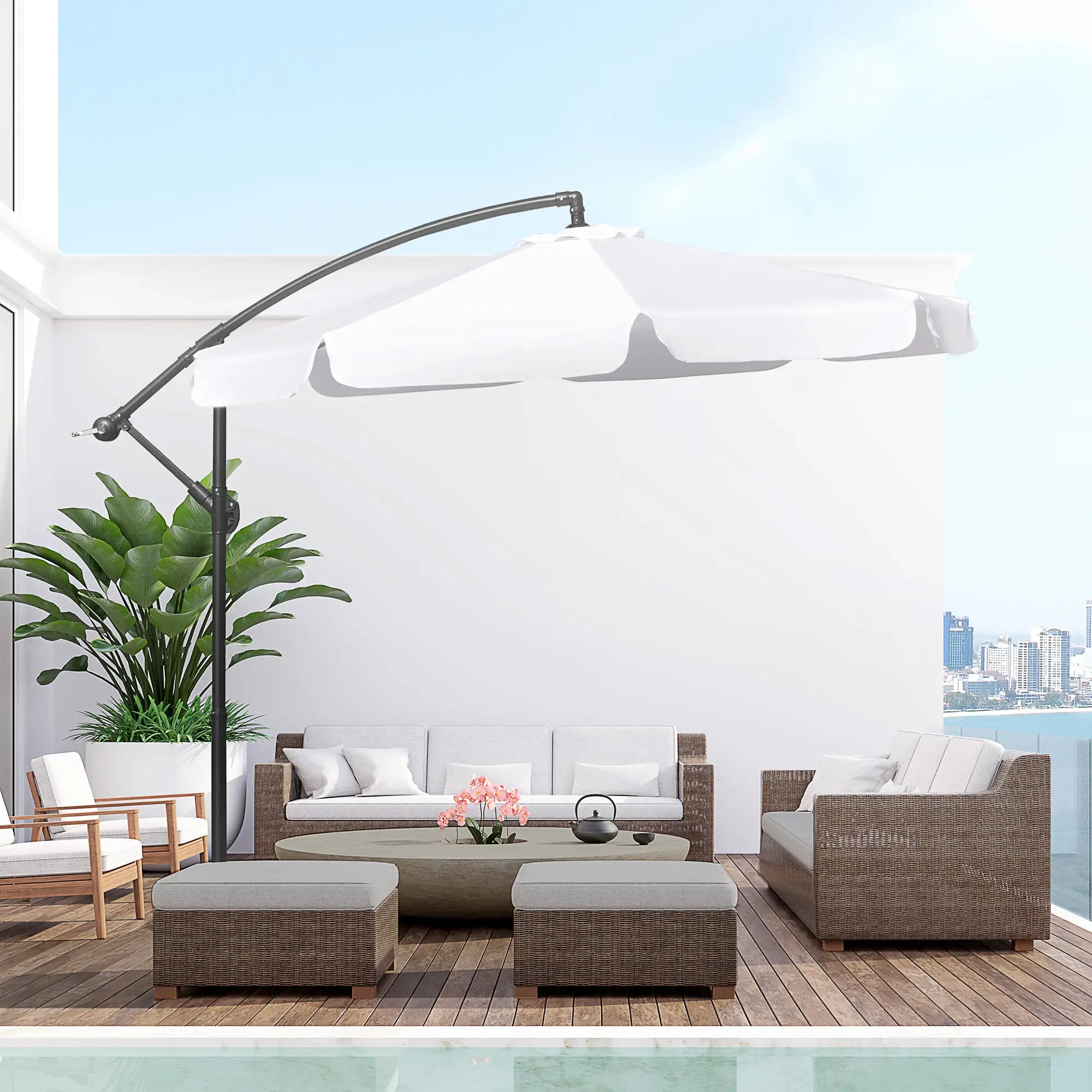 9FT Offset Hanging Patio Umbrella, Easy Tilt, Cross Base, 8 Ribs, White Cantilever Umbrellas at Gallery Canada