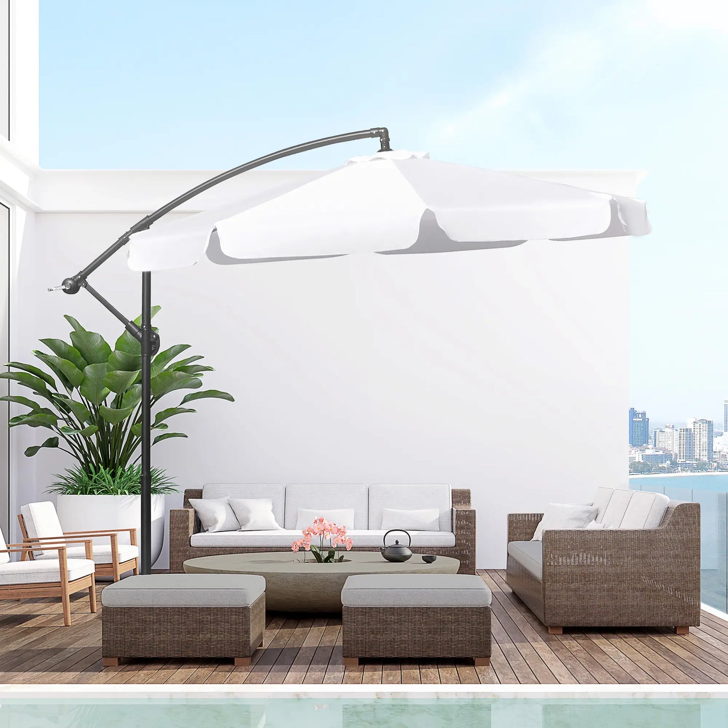 9FT Offset Hanging Patio Umbrella, Easy Tilt, Cross Base, 8 Ribs, White Cantilever Umbrellas at Gallery Canada