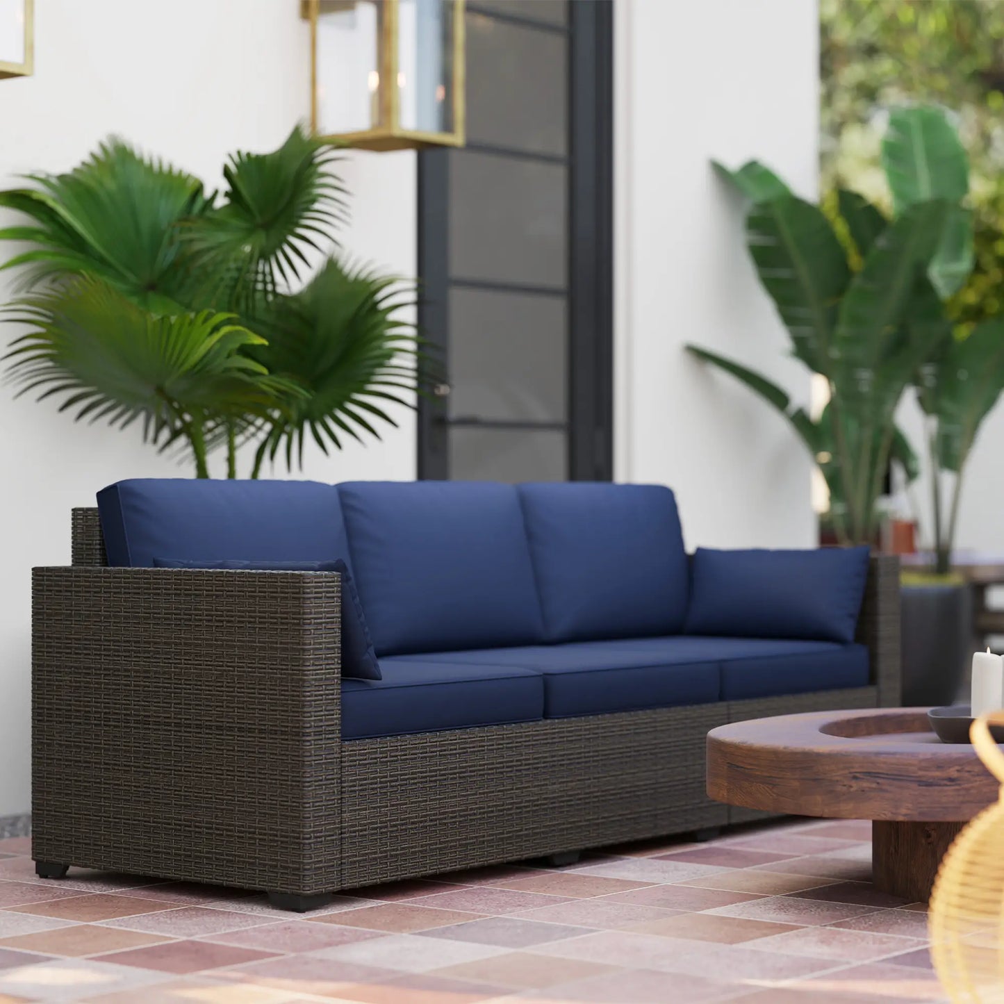 3-Seater Outdoor Sofa, PE Rattan Patio Couch With Cushions, Blue/Brown Patio Furniture Sets at Gallery Canada