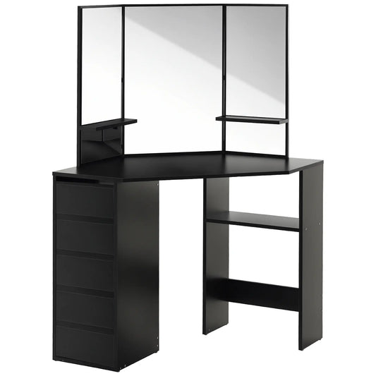 Corner Vanity Desk with Mirror, 5 Drawers, 3-Piece Mirror, Black Dressing & Vanity Tables Black at Gallery Canada