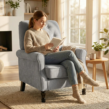Mid-Century Modern Armchair, Thick Padded Seat, Spring Cushion, Solid Wood Legs, Grey Single Sofas at Gallery Canada
