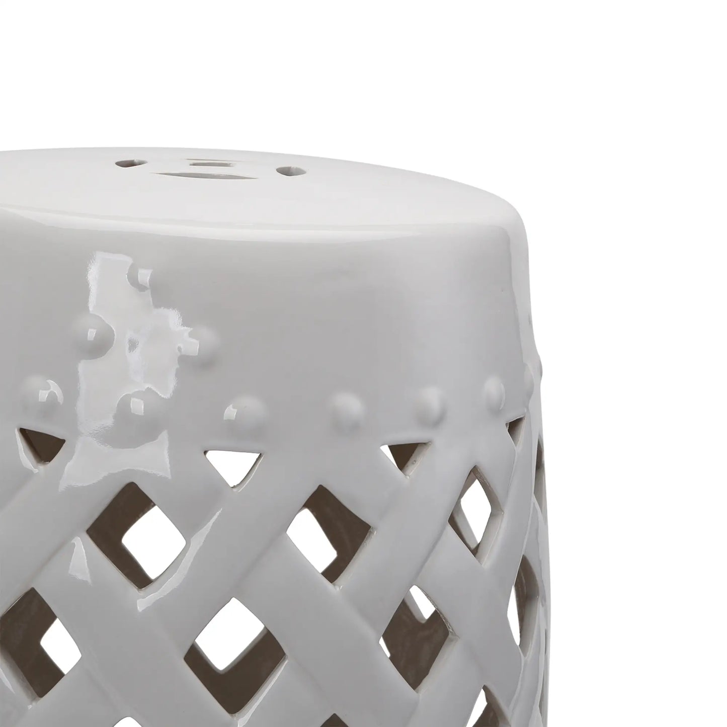 18" Ceramic Garden Stool, Woven Lattice Design, Indoor Outdoor, White Patio Chairs at Gallery Canada
