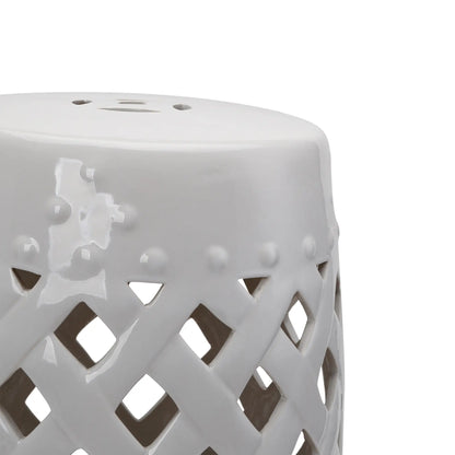 18" Ceramic Garden Stool, Woven Lattice Design, Indoor Outdoor, White Patio Chairs at Gallery Canada