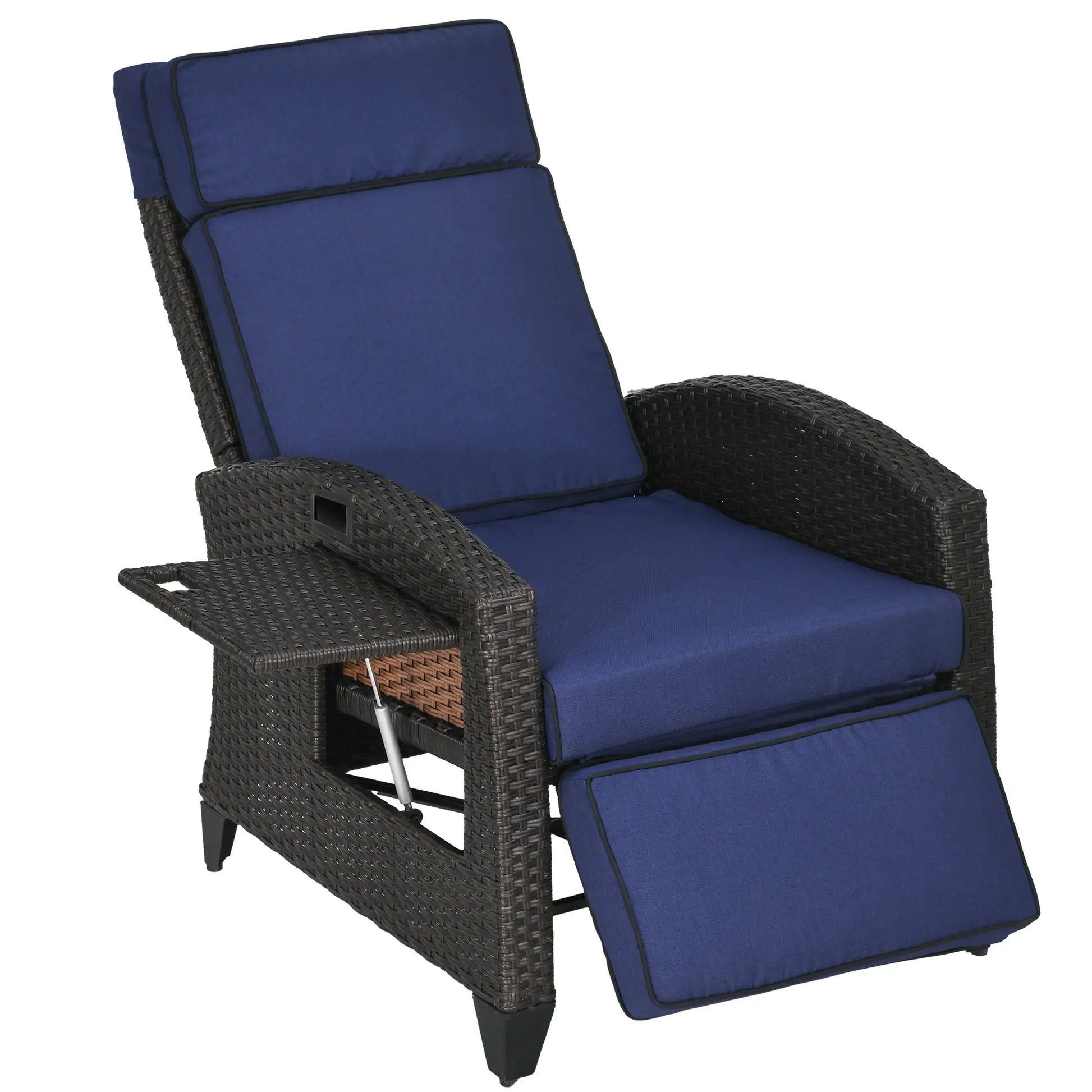 Outdoor Recliner Chair, Adjustable Backrest, Cushion, Side Tray, Blue Chaise Loungers Blue, Brown at Gallery Canada