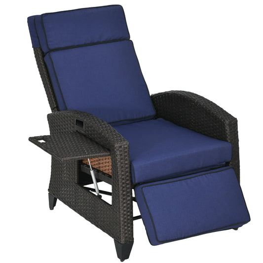 Outdoor Recliner Chair, Adjustable Backrest, Cushion, Side Tray, Blue Chaise Loungers Blue, Brown at Gallery Canada