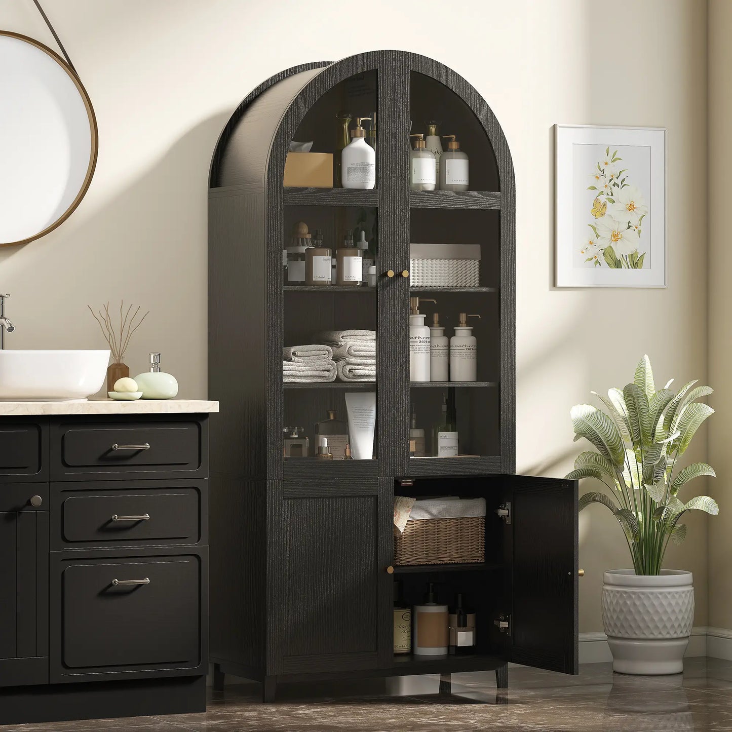 Arched Kitchen Pantry Cabinet, 71" Tall, Adjustable Shelves, Acrylic Doors, Black Kitchen Pantry Cabinets at Gallery Canada