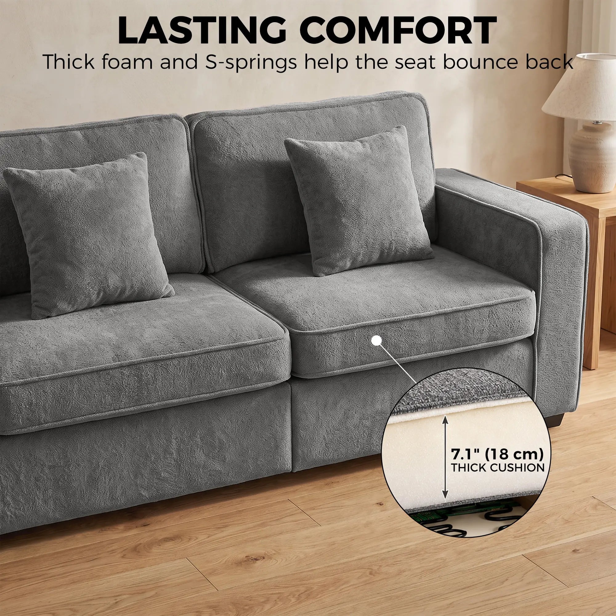 3 Seater Sofa, Thick Cushion, Grey, 2 Pillows, Side Pockets 3-Seater Sofas at Gallery Canada